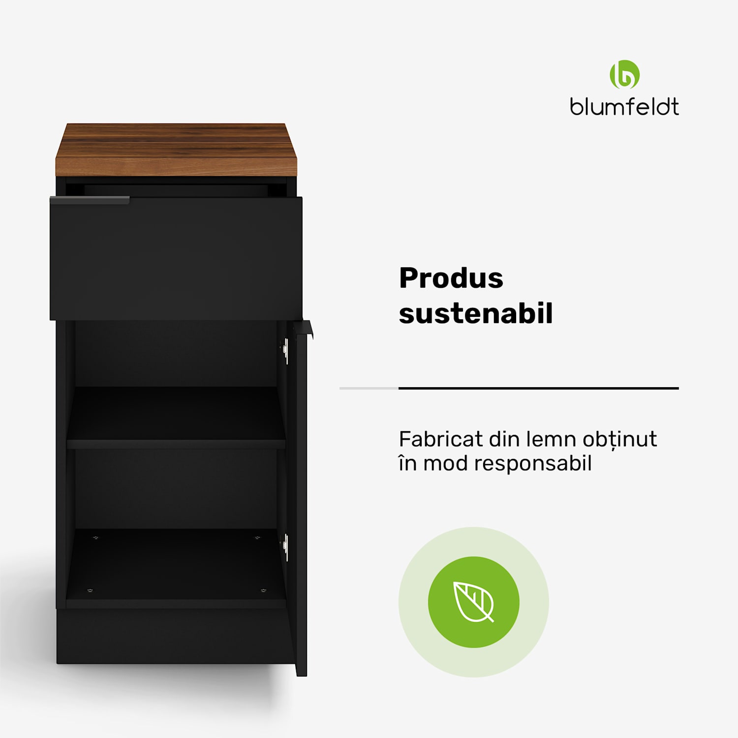 WoodVista sertar cu blatul de lucru din MDF robust, Uși cu închidere lentă, Mânere din aluminiu Dulap cu sertare | Nuc / negru