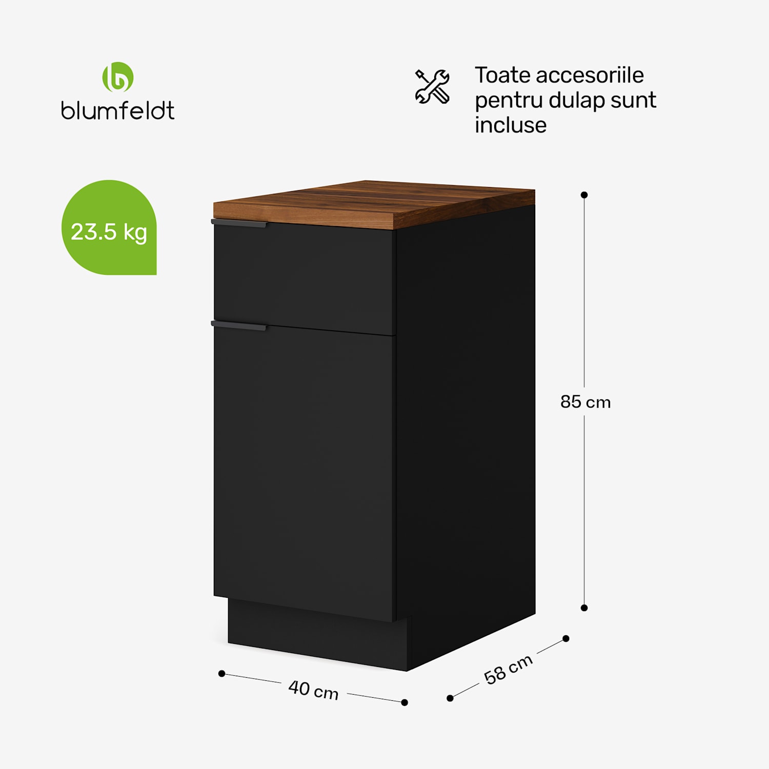 WoodVista sertar cu blatul de lucru din MDF robust, Uși cu închidere lentă, Mânere din aluminiu Dulap cu sertare | Nuc / negru