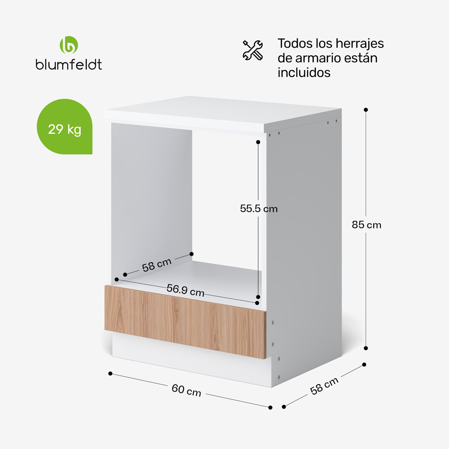 WoodVista armario de almacenamiento | Superficie de trabajo de MDF estable | Materiales sostenibles | Montaje fácil Mueble para horno empotrable | Blanco / Roble