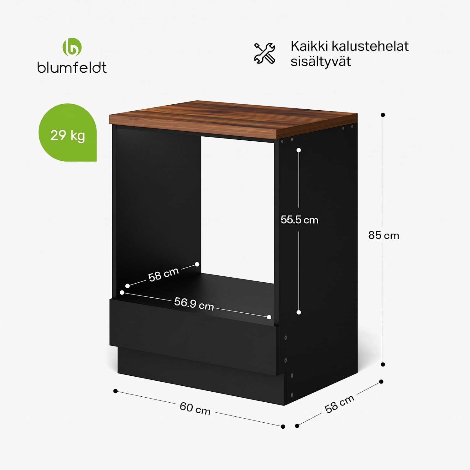 WoodVista varastokaappi | Vankka MDF-työtaso | Kestävät materiaalit | Helppo kokoaminen Kaappi rakennettavalle uunille | Pähkinä / Musta