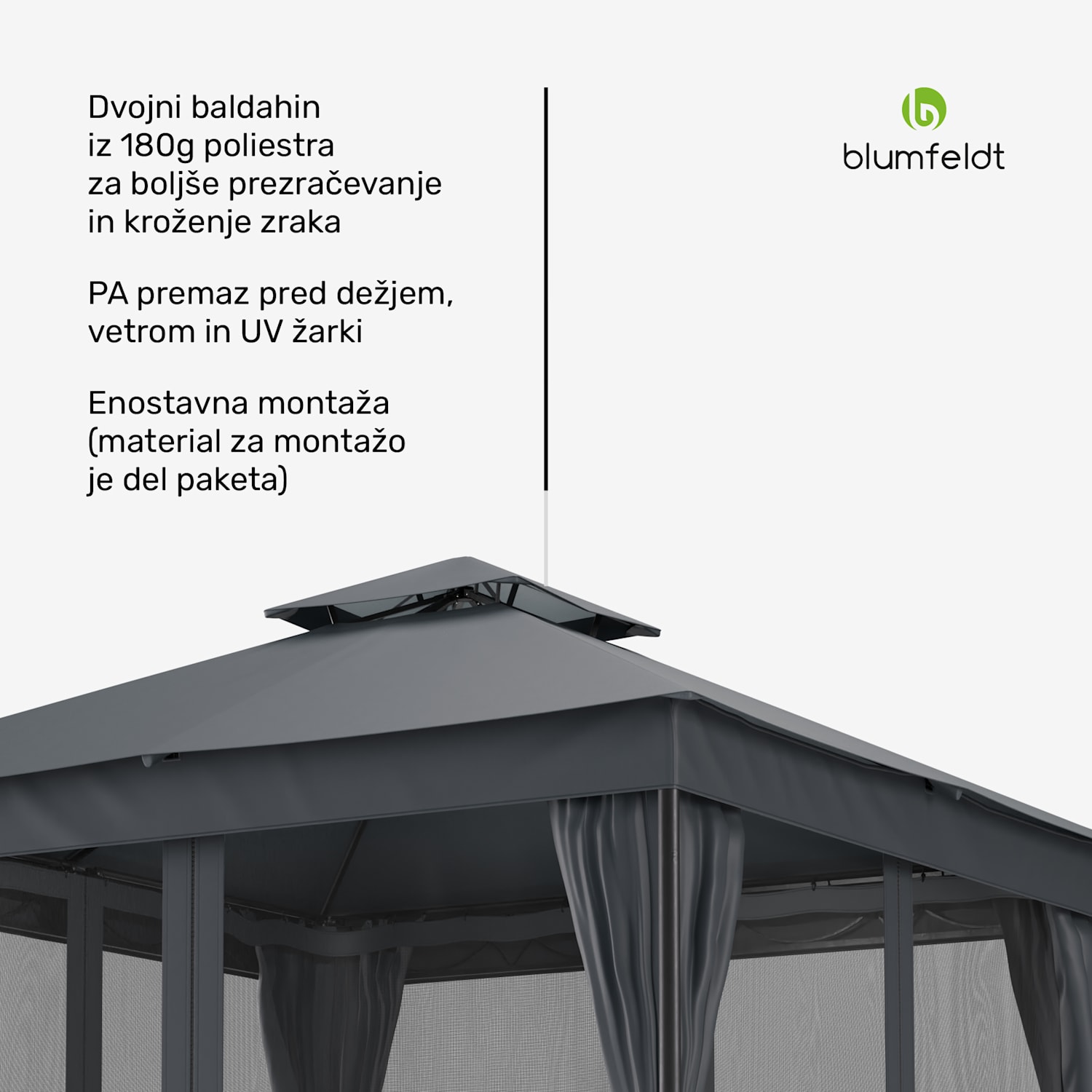 Gazebo Mondo Dual 3x3 z dvojno streho in mrežo proti žuželkam 3 x 3 m | Temno siva