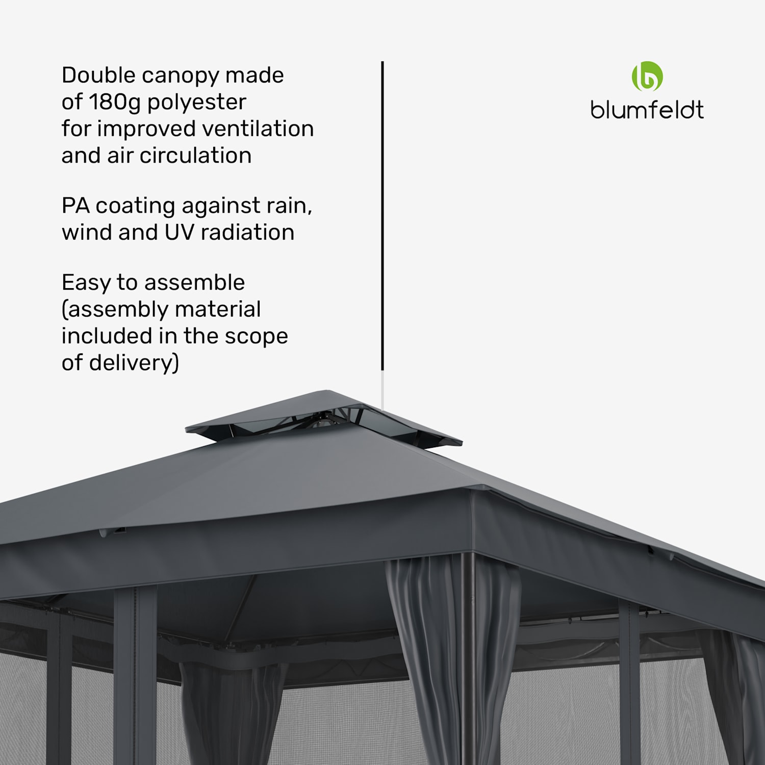 Mondo Dual huvimaja 3x3 kaksinkertaisella katolla ja hyttysverkoilla varustettuna 3 x 3 m | Tummanharmaa