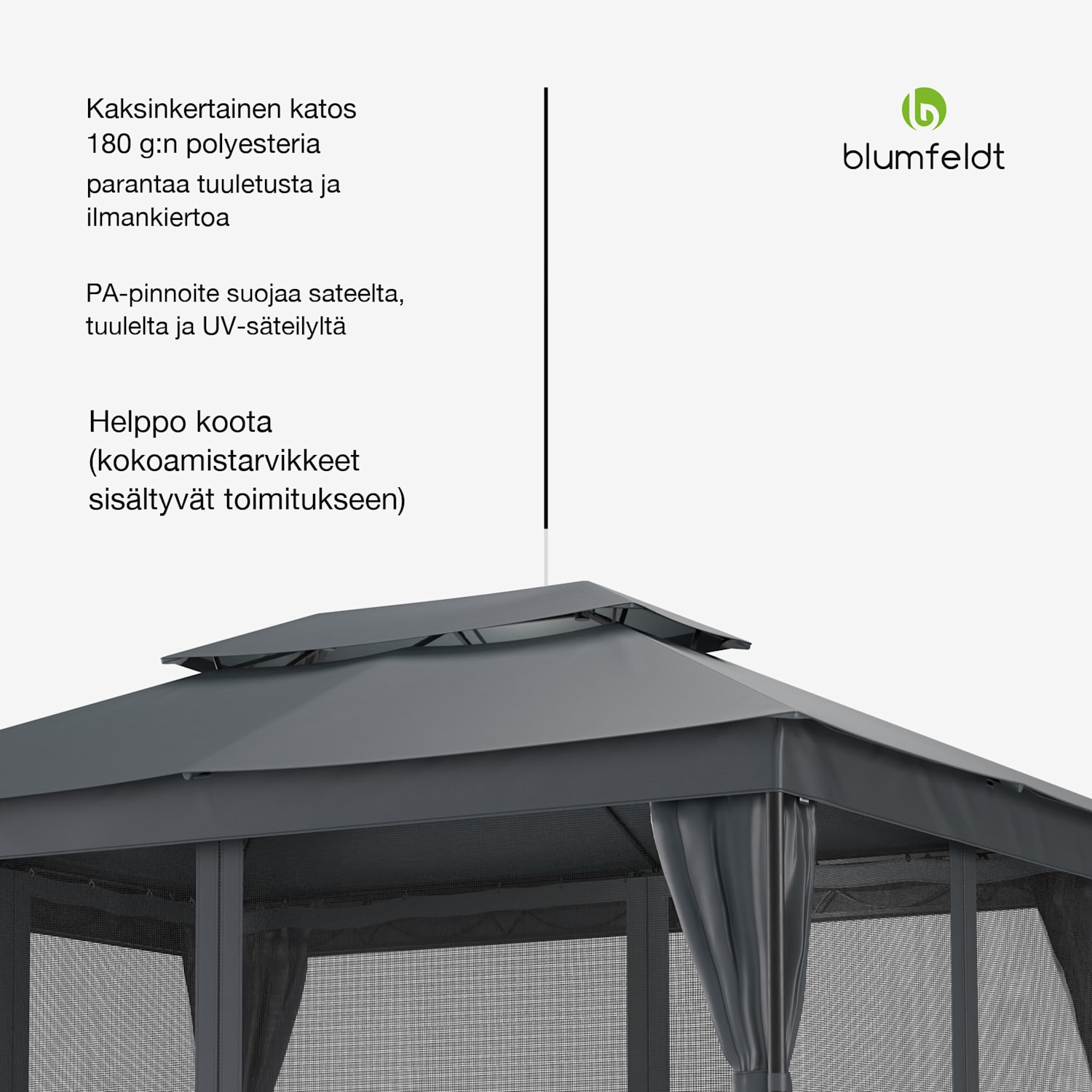 Mondo Dual huvimaja 3x4 kaksinkertaisella katolla ja hyttysverkoilla varustettuna 3 x 4 m | Tummanharmaa