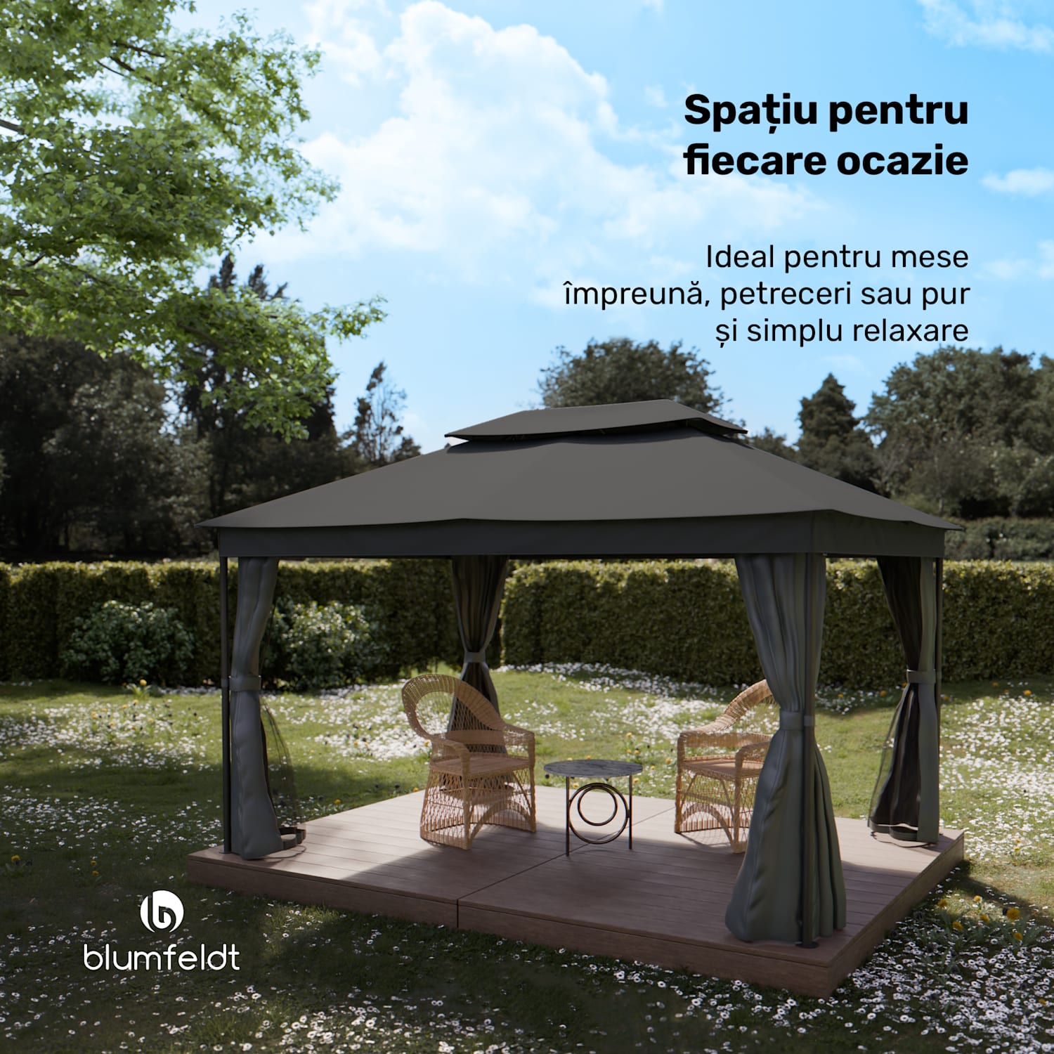 Foișor Mondo Dual 3x4 cu acoperiș dublu și plasă împotriva insectelor. 3 x 4 m | Gri închis