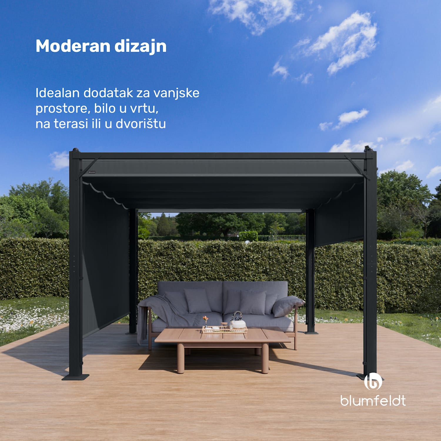 Pantheon Cortina sjenica 3x3 m, otporna na vremenske uvjete, aluminij, zaštitno lakiranje, rolo zavjese 3 x 3 m | Antracit / crna