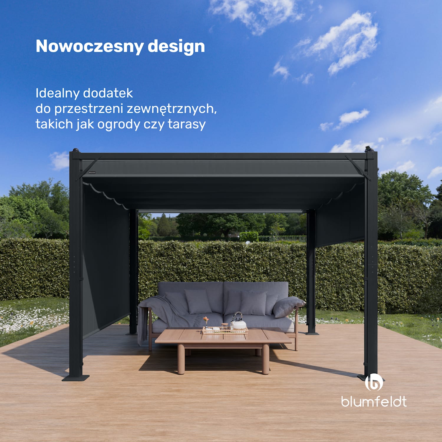 Pantheon Cortina altana ogrodowa 3x3 m, odporna na warunki atmosferyczne, malowana proszkowo, rolety boczne 3 x 3 m | Antracyt / Czarny