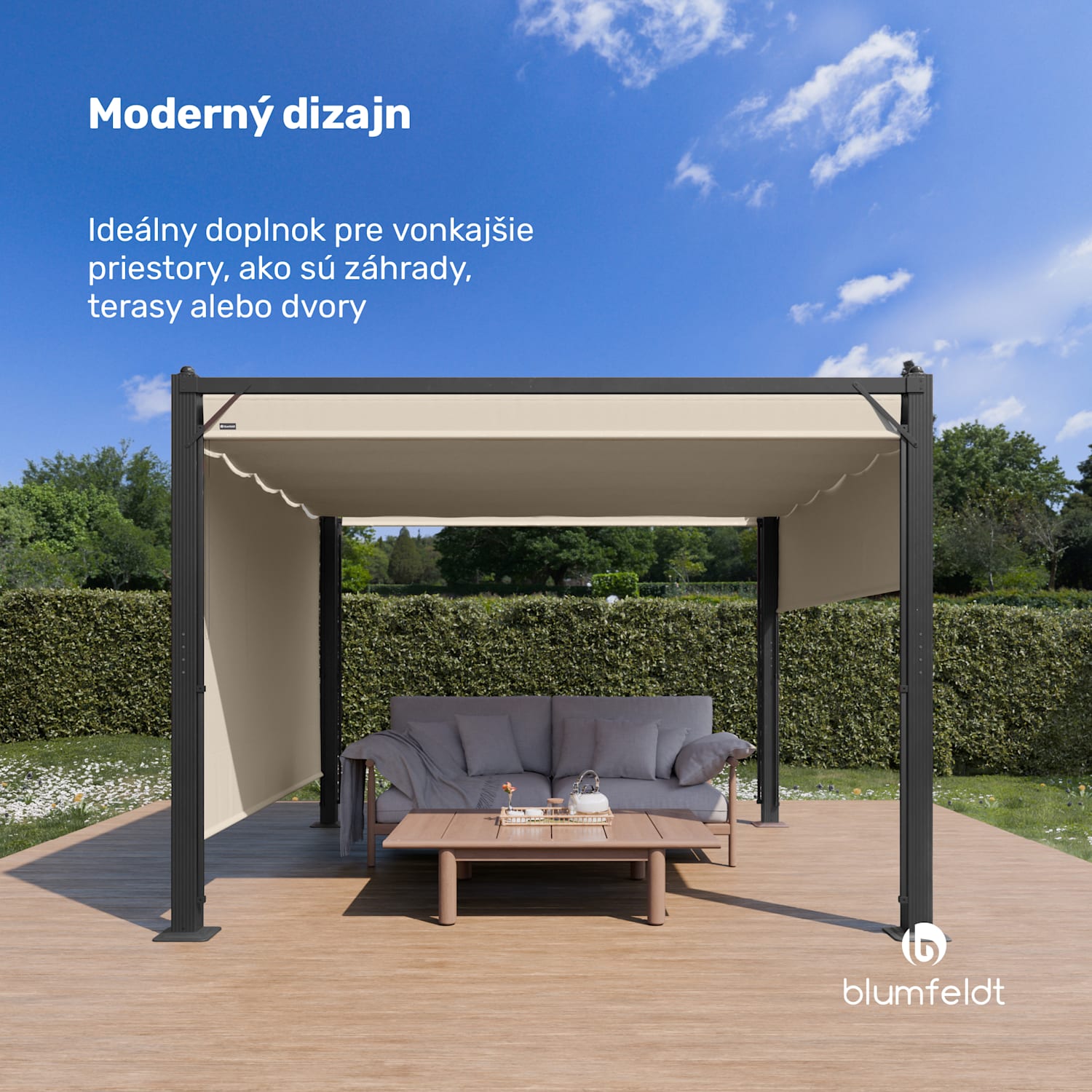 Pantheon Cortina pergola 3x3 m, odolná voči poveternostným vplyvom, hliník, prášková farba, rolety 3 x 3 m | Antracit / Béžová