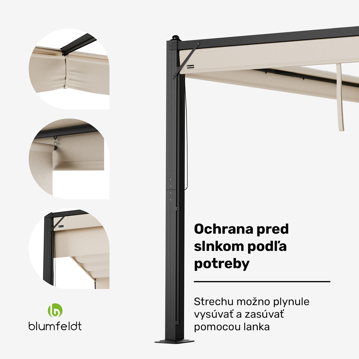 Pantheon Cortina pergola 3x3 m, odolná voči poveternostným vplyvom, hliník, prášková farba, rolety 3 x 3 m | Antracit / Béžová