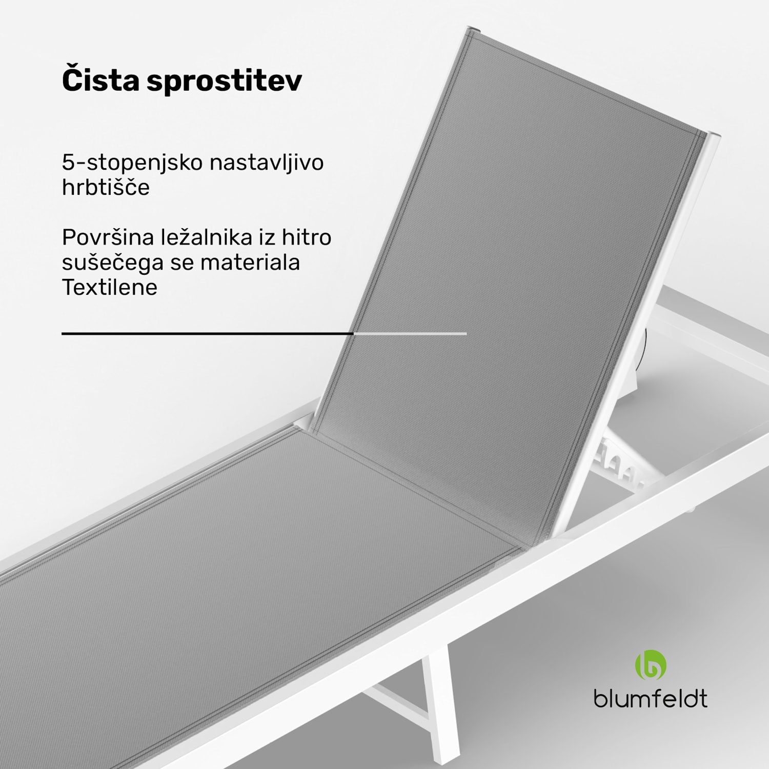 Lucca Lounge ležalnik, 120 kg nosilnost, 5-stopenjski, vodoodporen Siva