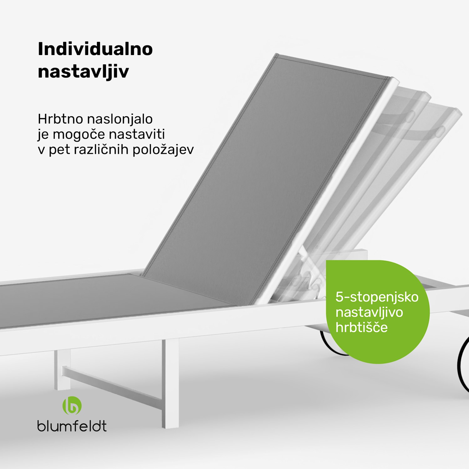 Lucca Lounge ležalnik, 120 kg nosilnost, 5-stopenjski, vodoodporen Siva