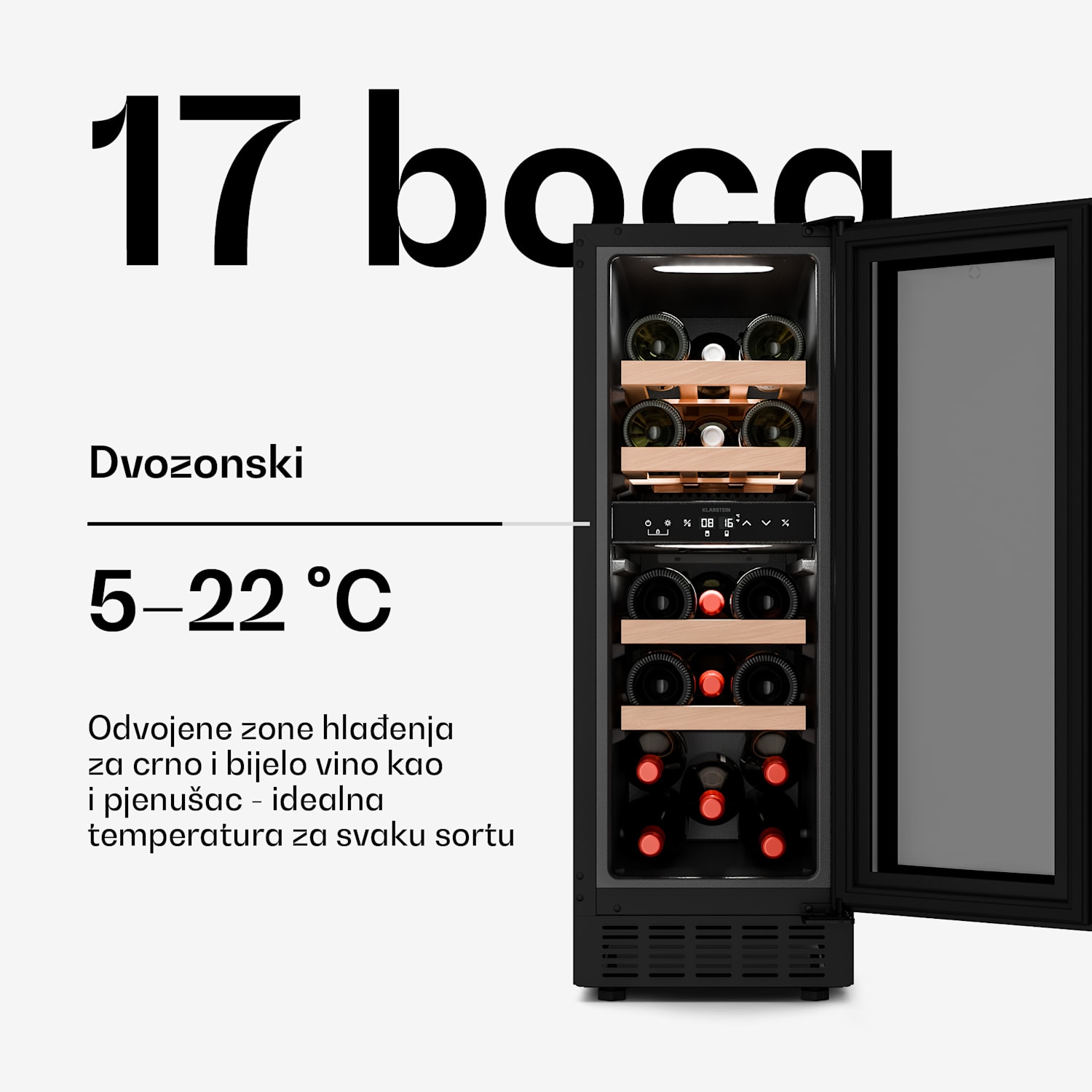 Velaire ugradbeni vinski hladnjak, moderan, elegantan, UV zaštita, Dvozonski, 17 boca 17 boca