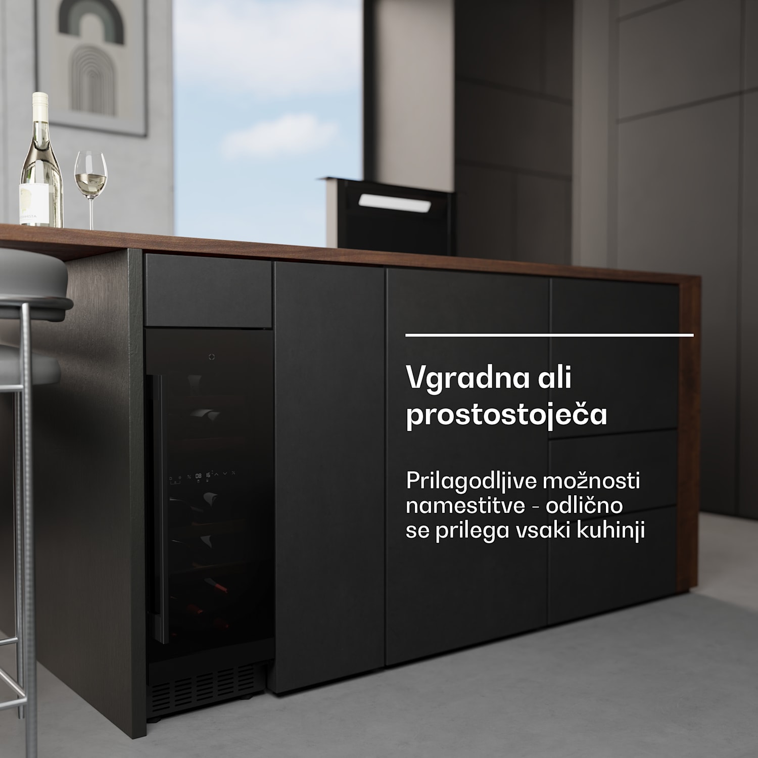 Velaire vgradna vinoteka, sodobna, elegantna, zaščita pred UV-žarki, dve območji, 17 steklenic 17 steklenic