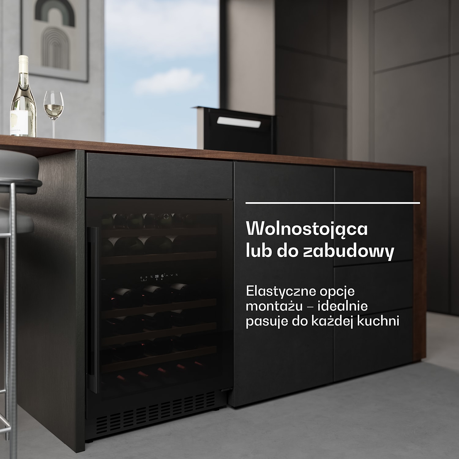 Velaire chłodziarka do wina podblatowa, nowoczesna, elegancka, ochrona UV, dwie strefy chłodzenia, 46 butelek 46 butelek