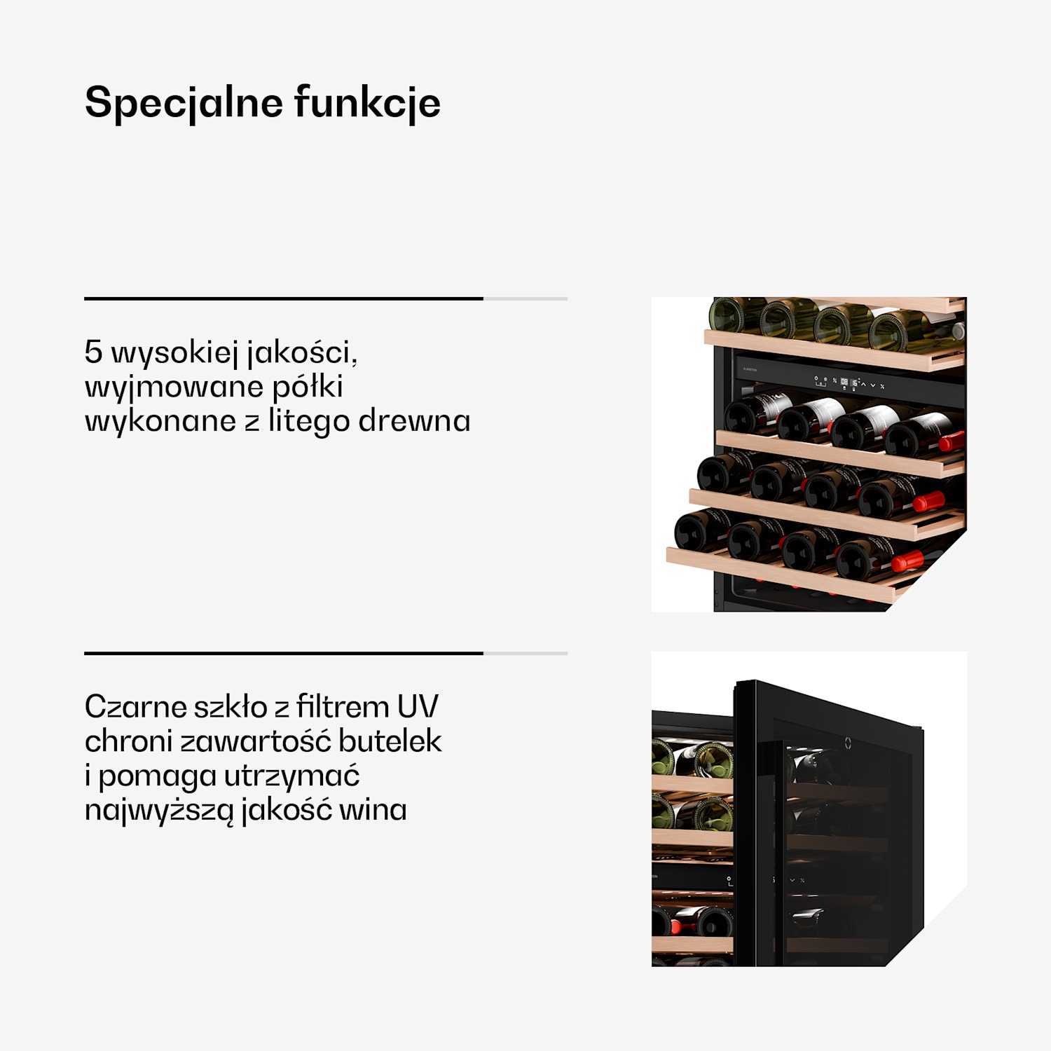 Velaire chłodziarka do wina podblatowa, nowoczesna, elegancka, ochrona UV, dwie strefy chłodzenia, 46 butelek 46 butelek