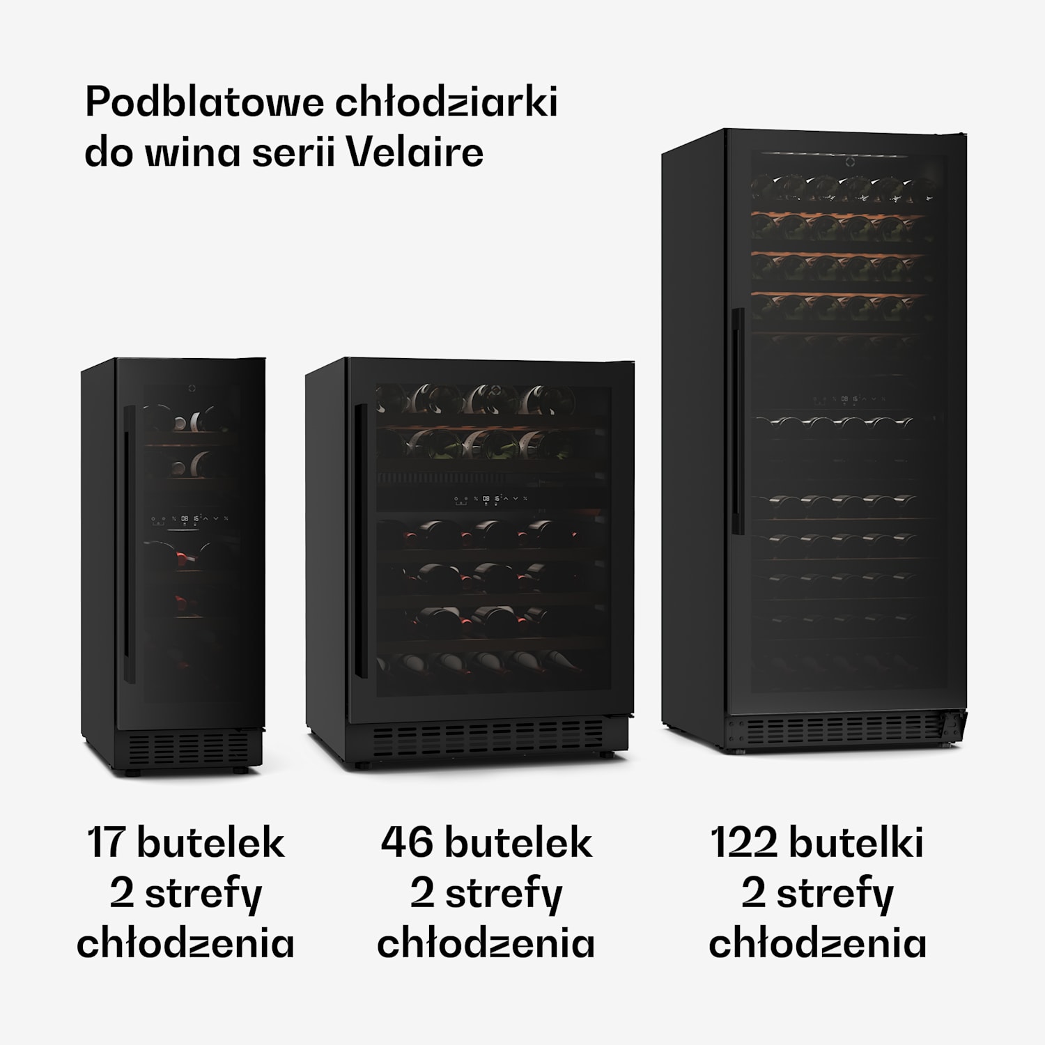 Velaire chłodziarka do wina podblatowa, nowoczesna, elegancka, ochrona UV, dwie strefy chłodzenia, 46 butelek 46 butelek