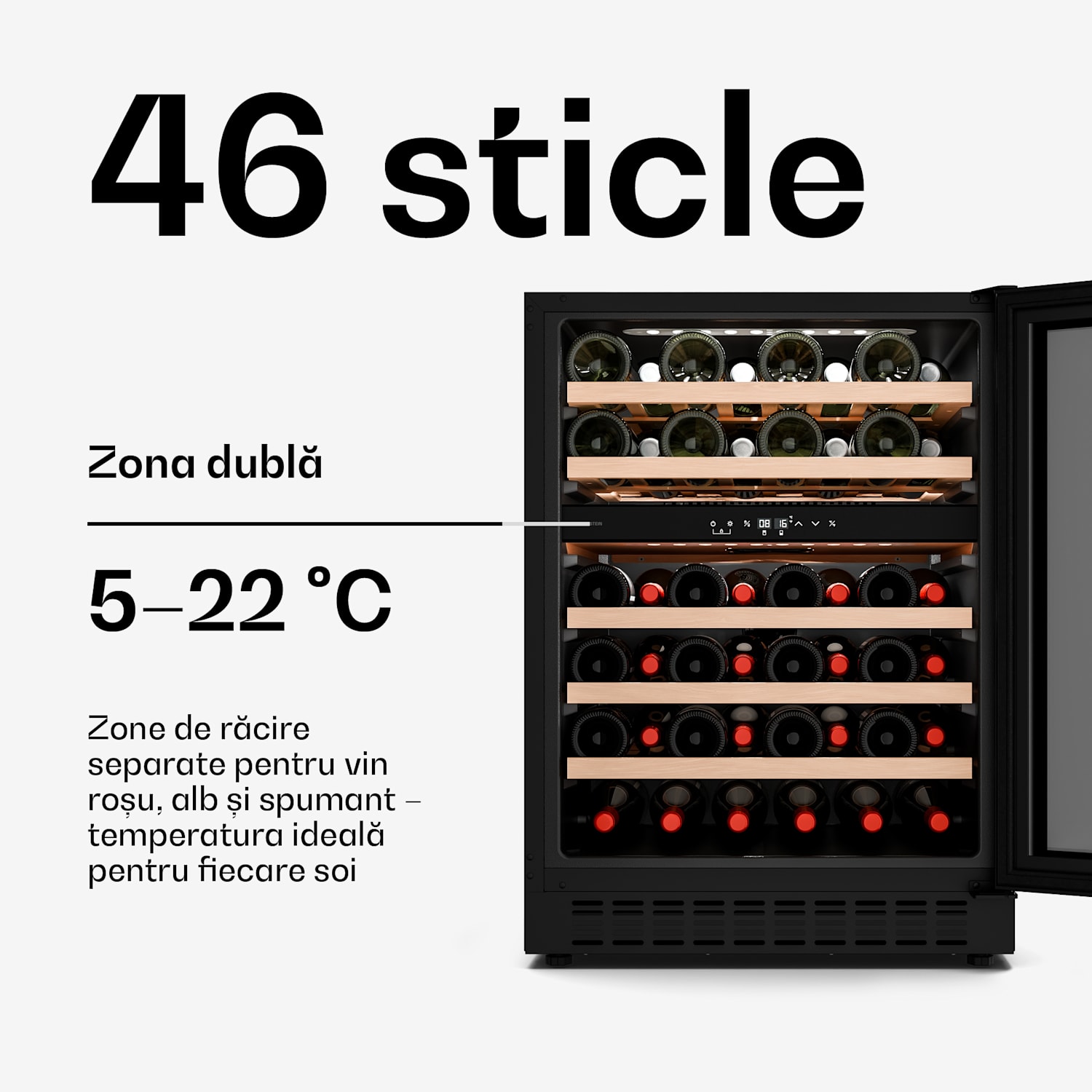 Frigider încorporabil Velaire pentru vin, modern, elegant, protecție UV, dublă zonă, 46 sticle 46 de sticle