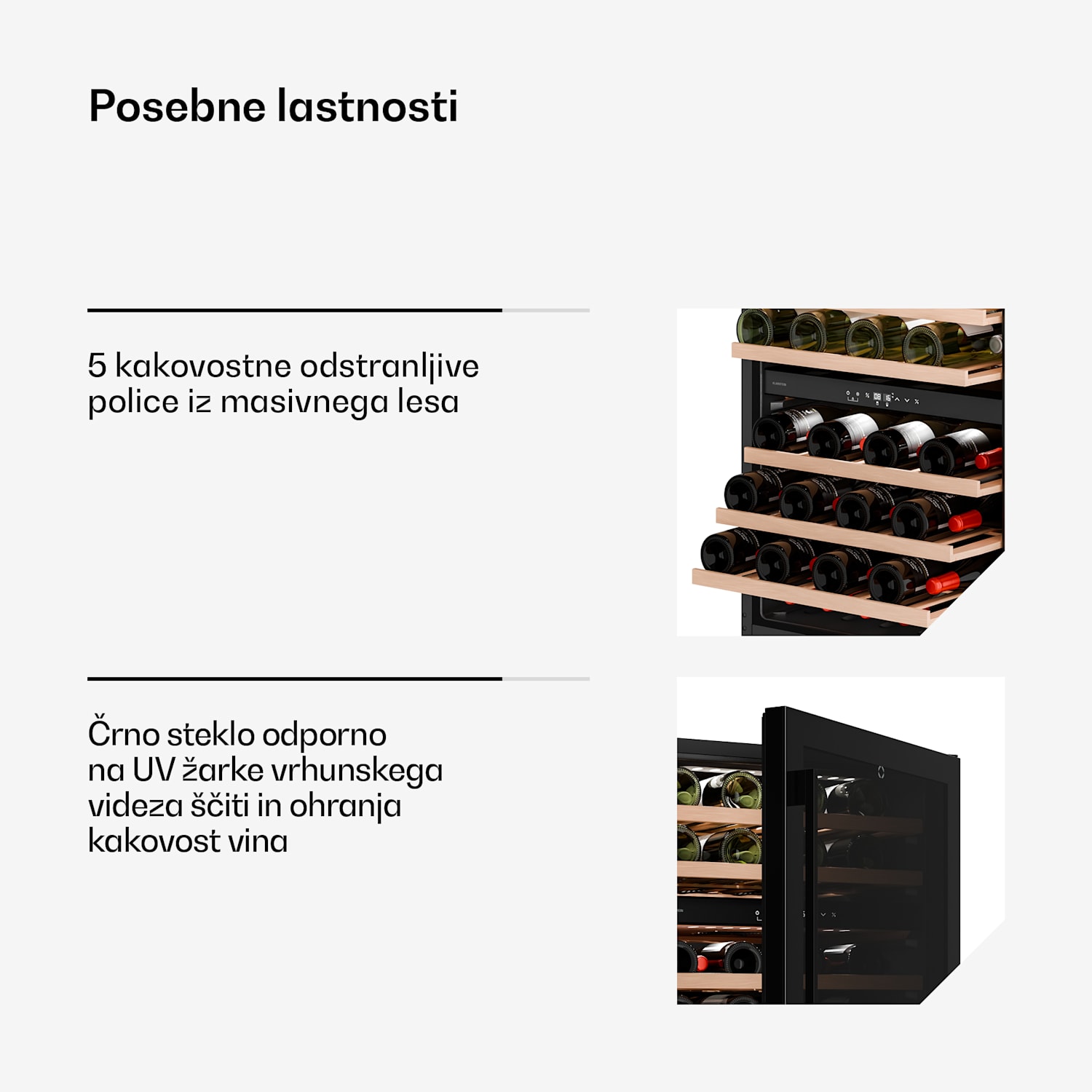 Velaire vgradna vinoteka, sodobna, elegantna, zaščita pred UV-žarki, dve območji, 46 steklenic 46 steklenic