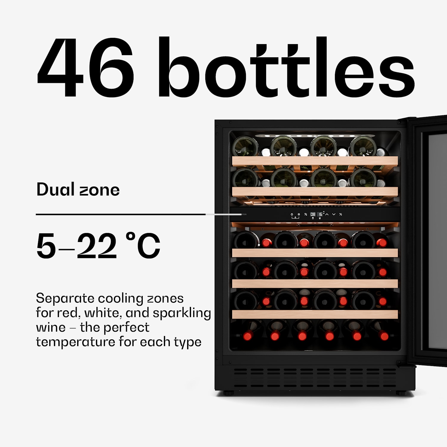 Velaire Built-in Wine Cooler | Modern, Elegant | UV Protection | Dual-Zone | 46 Bottles 