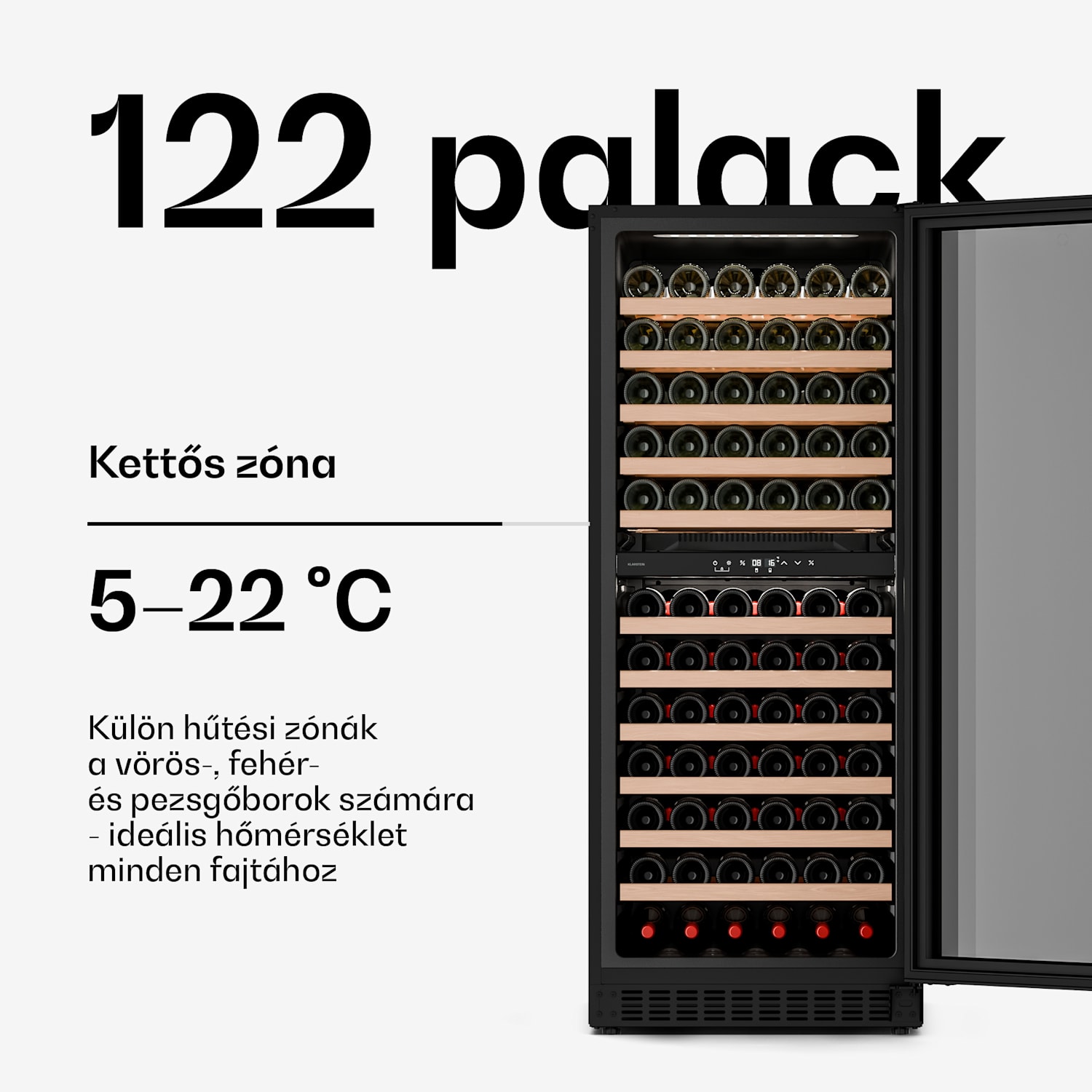 Velaire pult alatti borhűtő, modern, elegáns, UV-védelem, Kétzónás, 122 palack 122 palack