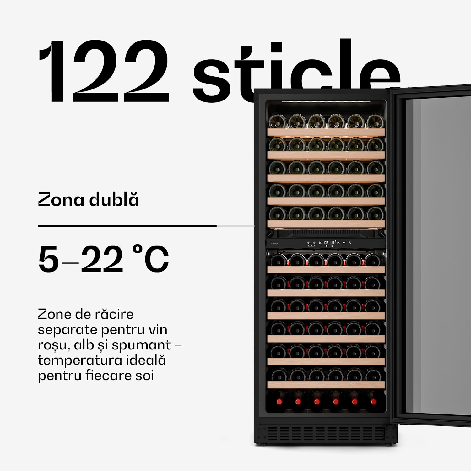 Frigider încorporabil Velaire pentru vin, modern, elegant, protecție UV, cu două zone, 122 sticle 122 de sticle