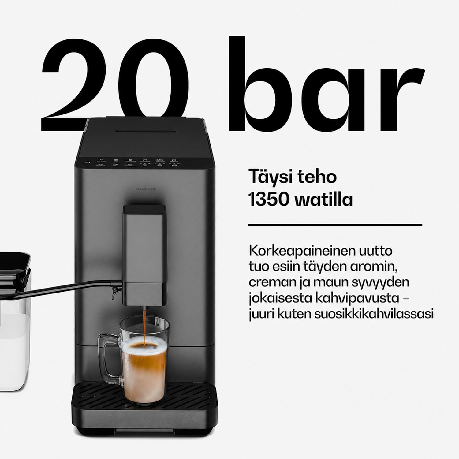 Velaire täysautomaattinen kahvikone maitokannulla | Tehokas | 1350 W | 20 bar 