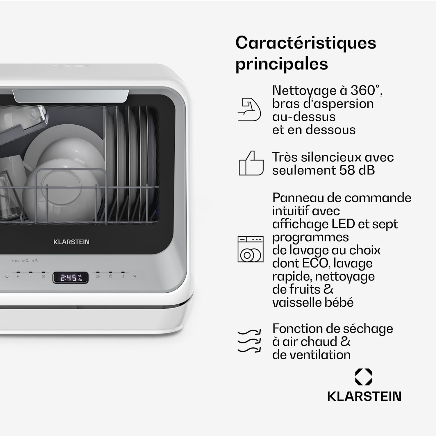 Amazonia | Mini-Geschirrspüler | Kompakt | 7 Programme | Tragbar Zilver
