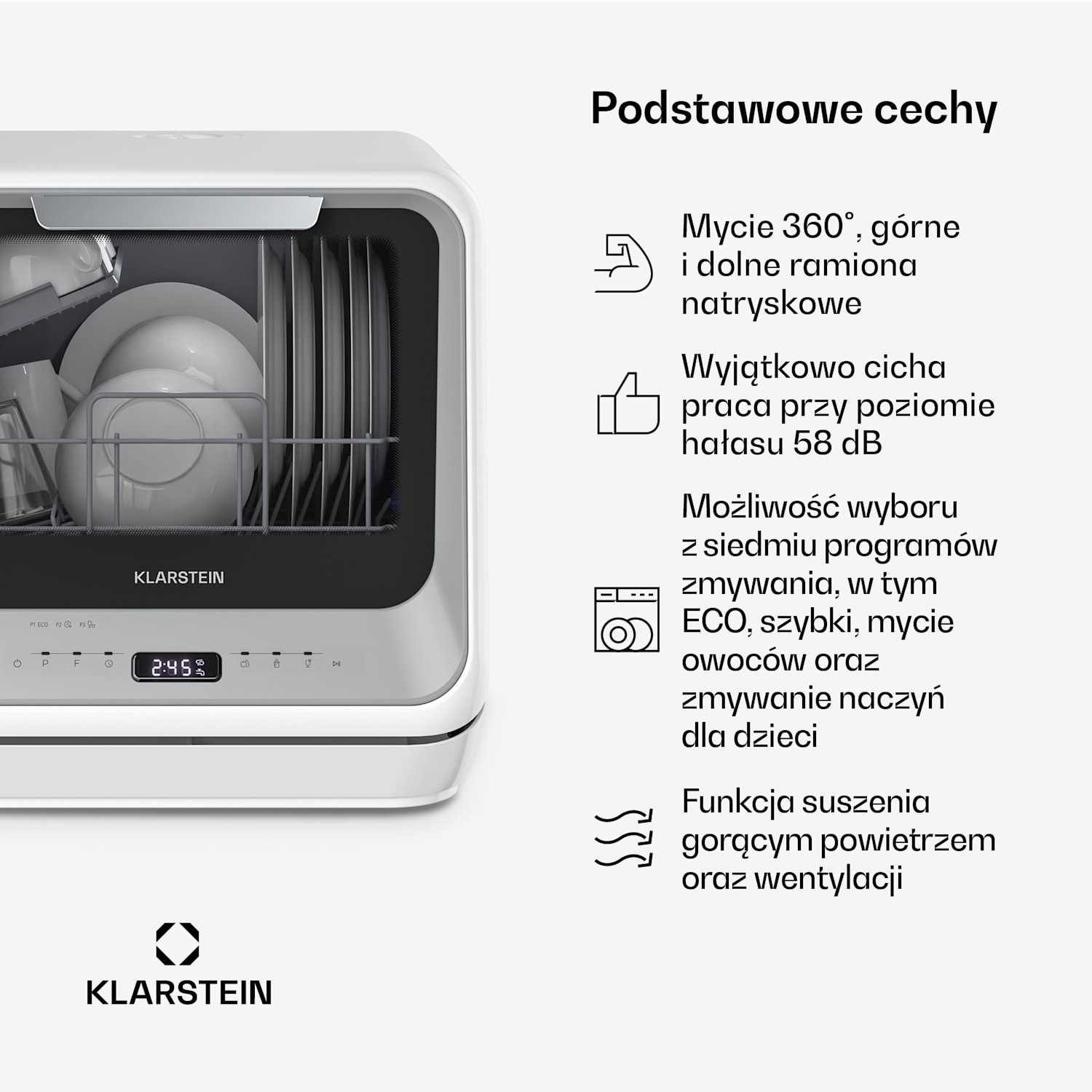 Amazonia, Mini zmywarka, Kompaktowa, 7 programów, Przenośna Srebrny