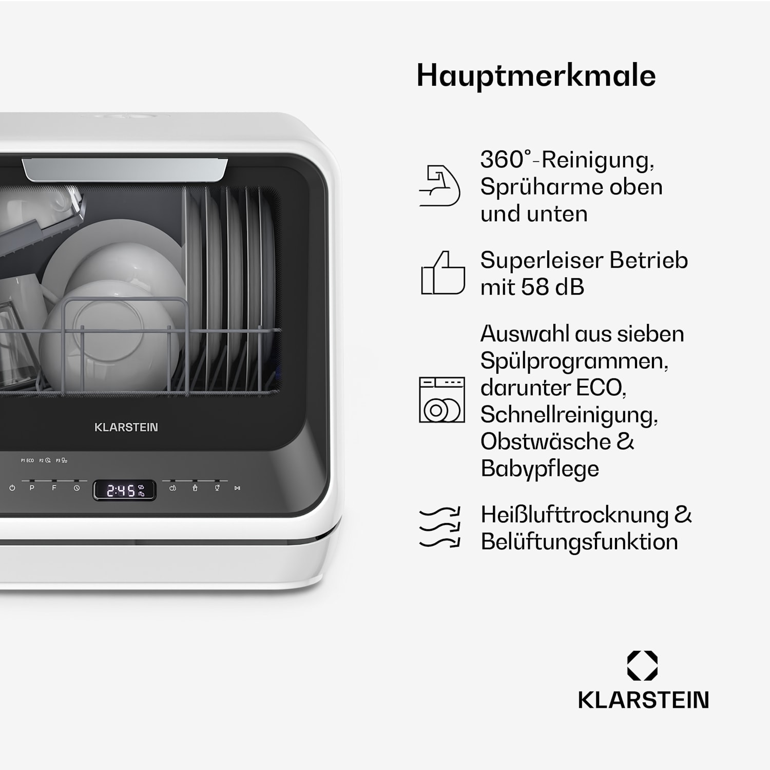 Amazonia | Mini lavastoviglie | Compatta | 7 programmi | Portatile Nero