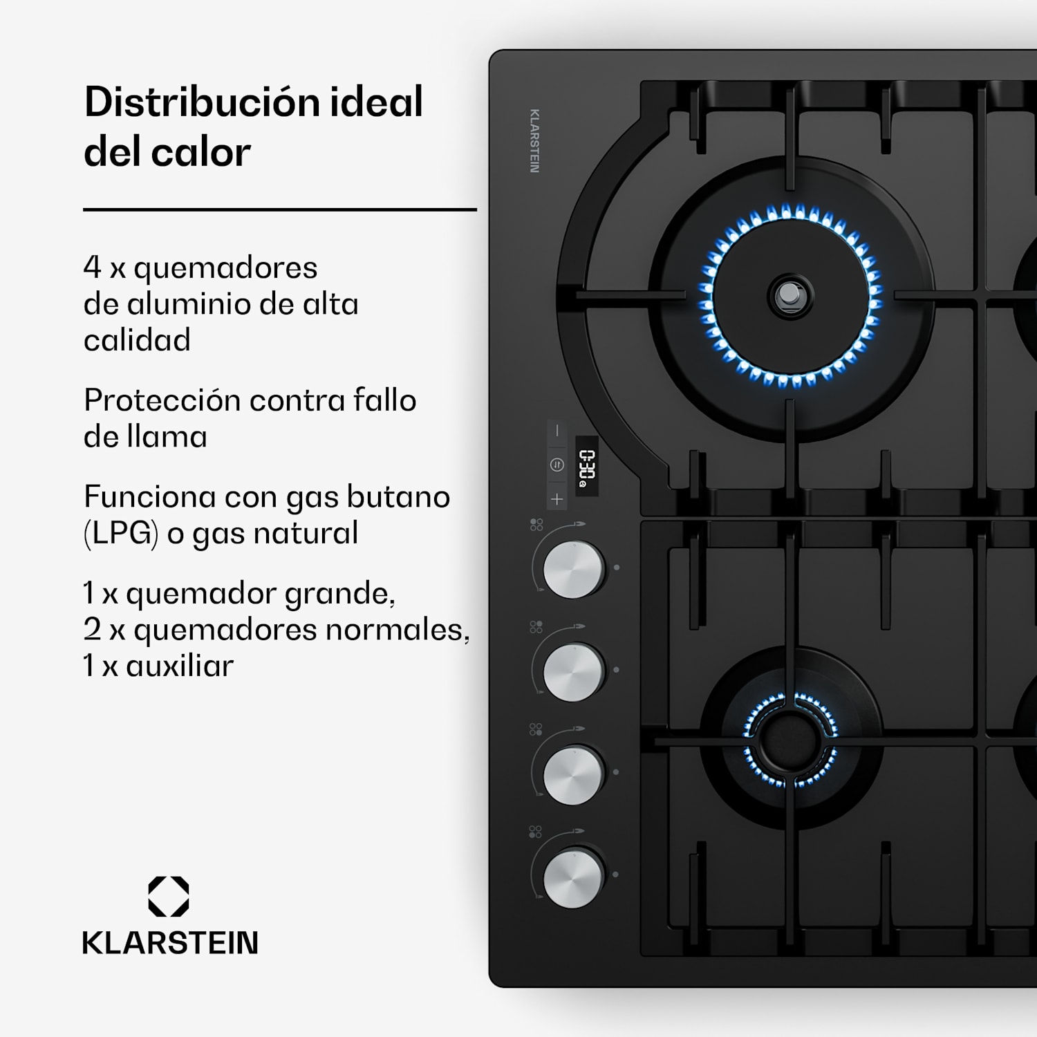 Placa de gas Ignito de 8 kW con soportes de hierro fundido, temporizador y control de temperatura 60 cm | Negro