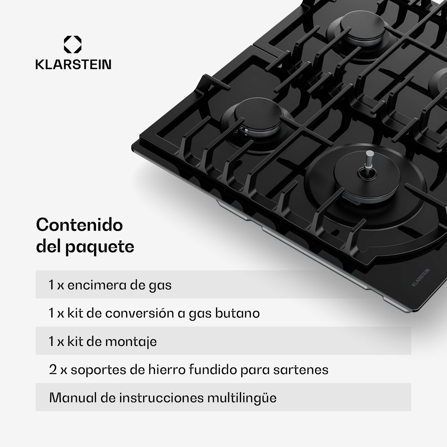 Placa de gas Ignito de 8 kW con soportes de hierro fundido, temporizador y control de temperatura 60 cm | Negro