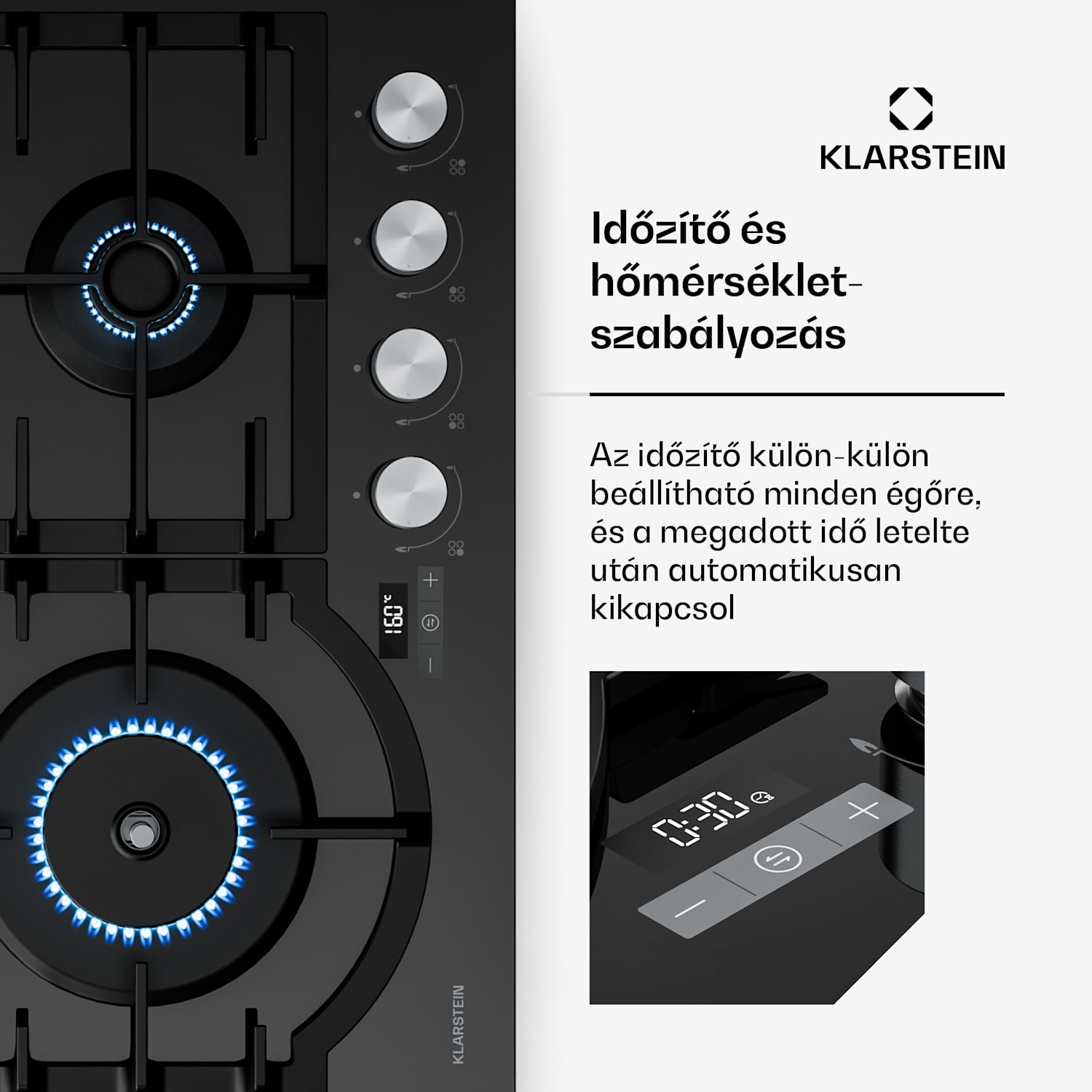 Ignito gázfőzőlap, 8 kW, öntöttvas tartókkal, időzítő, hőmérsékletszabályozás 60 cm | Fekete