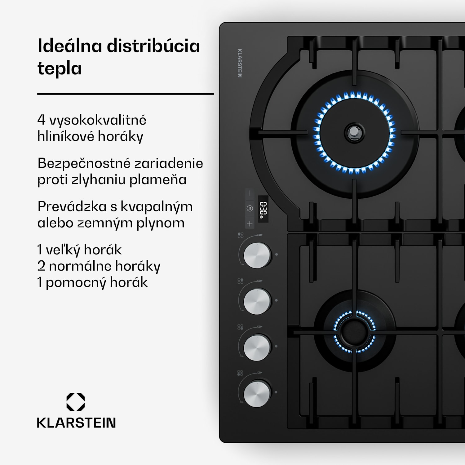 Ignito plynová varná doska, 8 kW, liatinové rošty, časovač, regulácia teploty 60 cm | Čierna