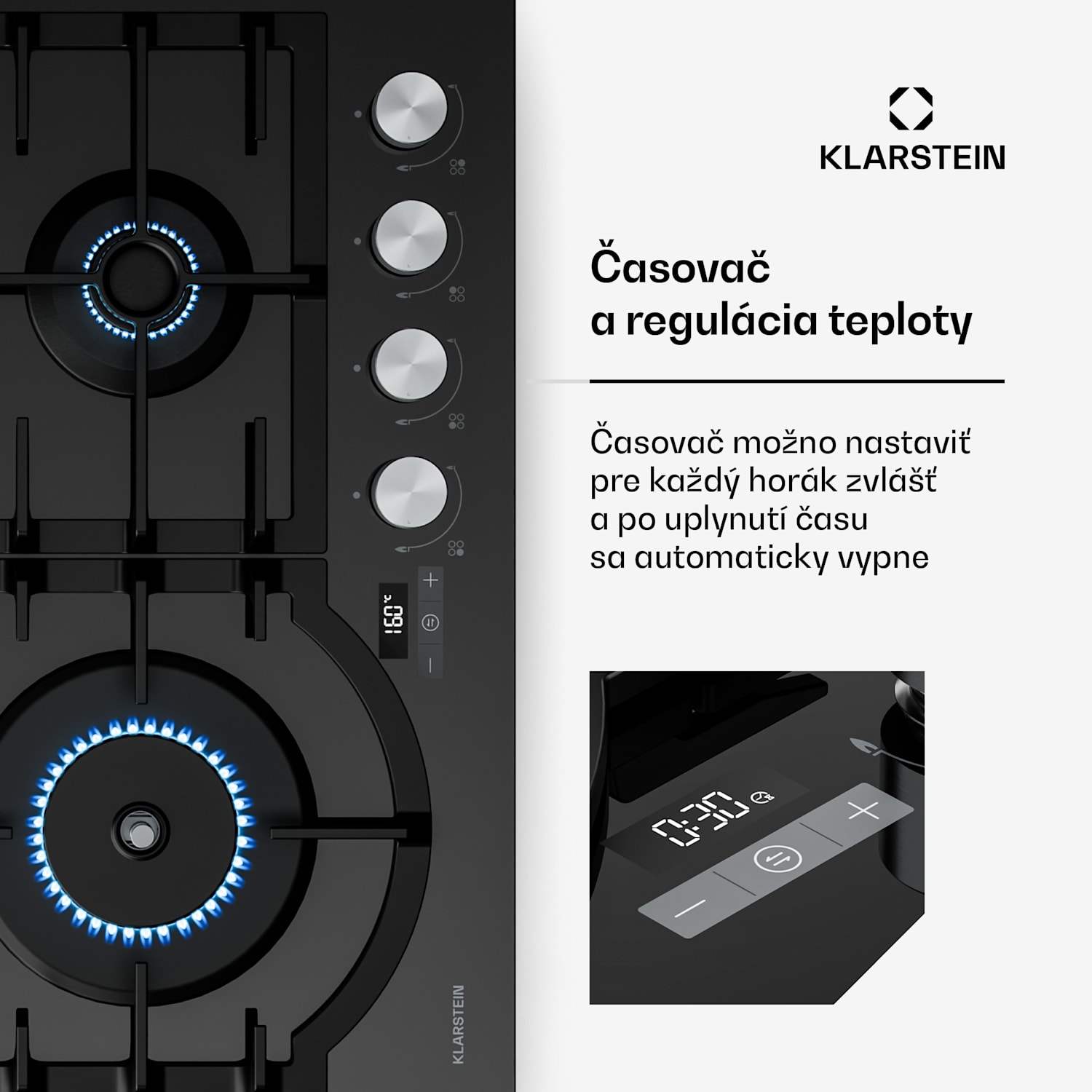 Ignito plynová varná doska, 8 kW, liatinové rošty, časovač, regulácia teploty 60 cm | Čierna