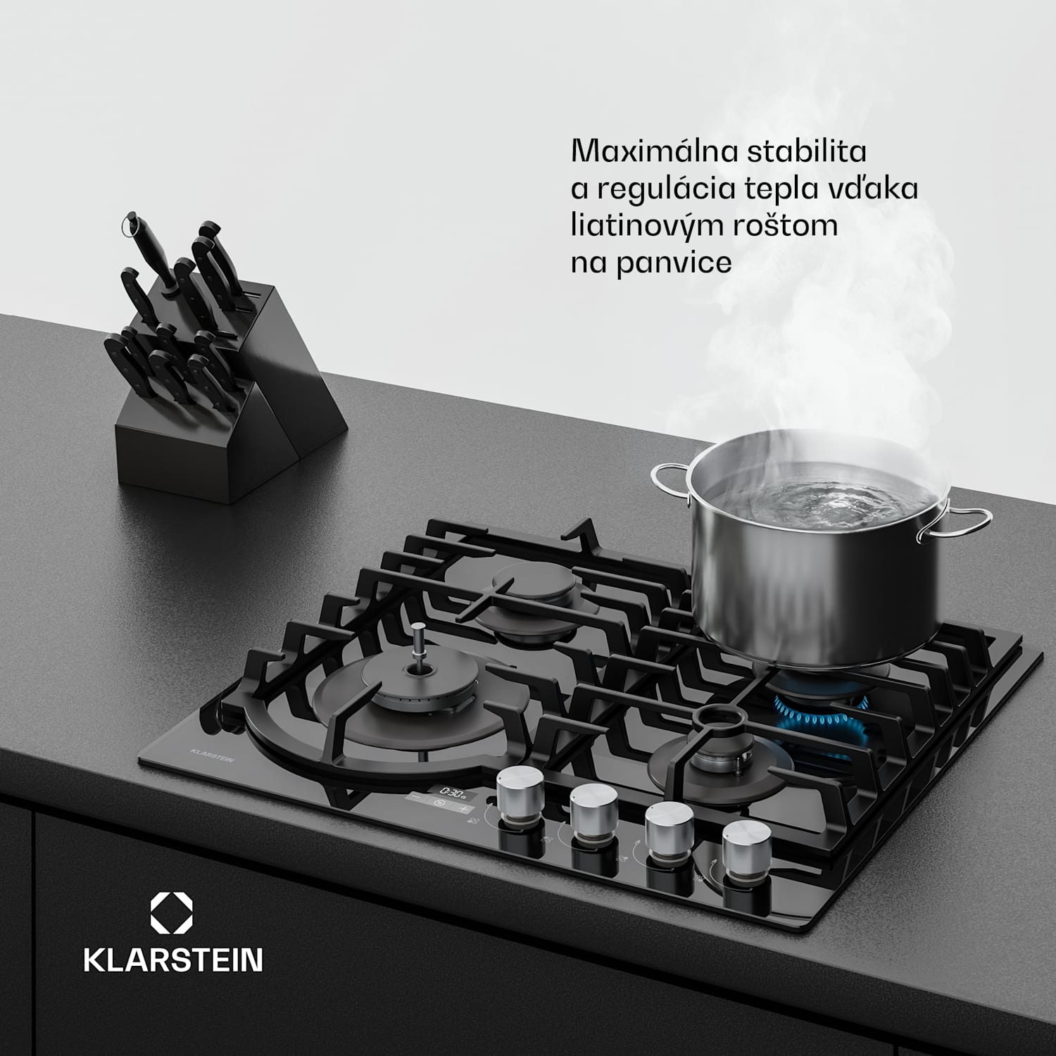 Ignito plynová varná doska, 8 kW, liatinové rošty, časovač, regulácia teploty 60 cm | Čierna