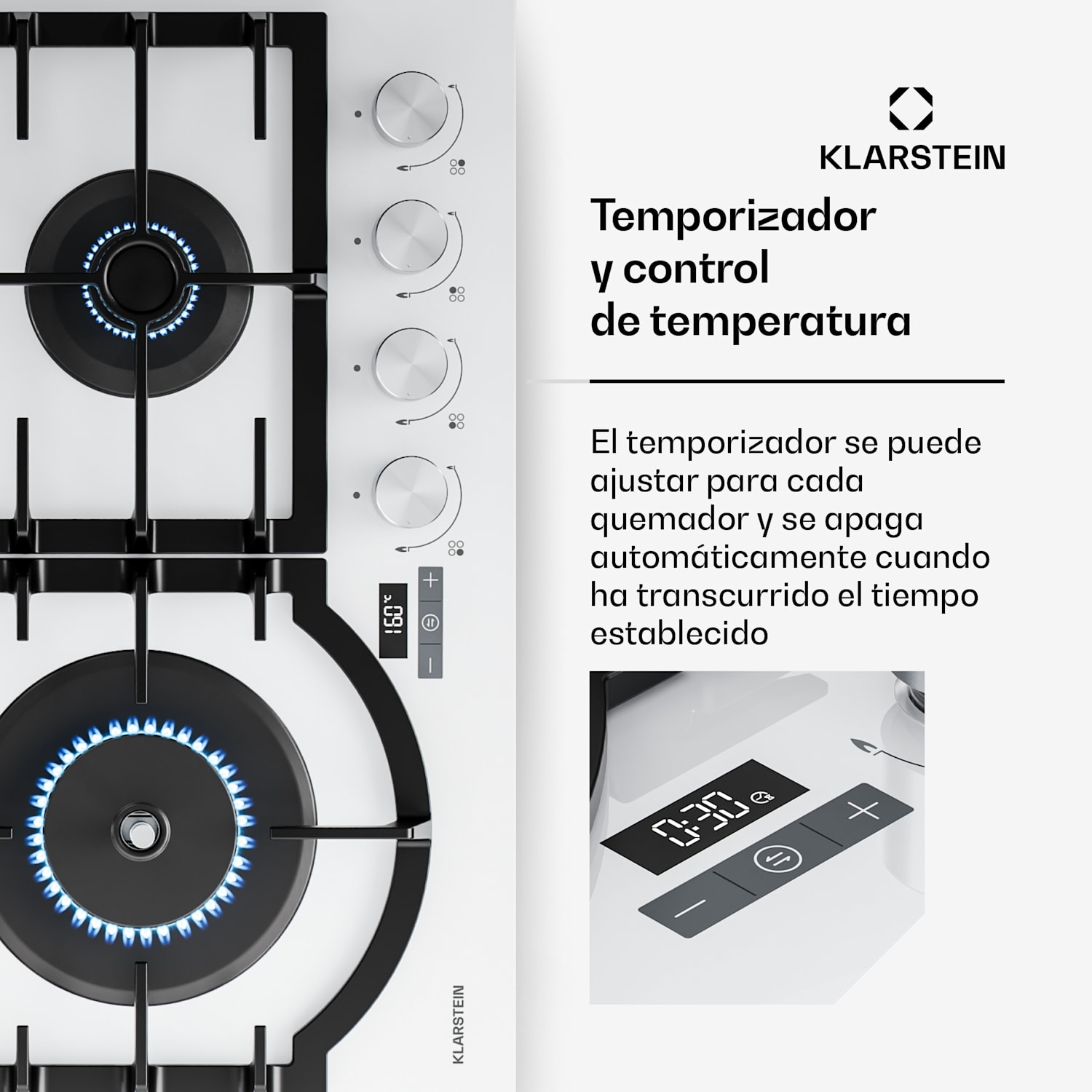 Ignito vitrocerámica de gas de 8 kW, soportes de hierro fundido, temporizador y control de temperatura 60 cm | Blanco