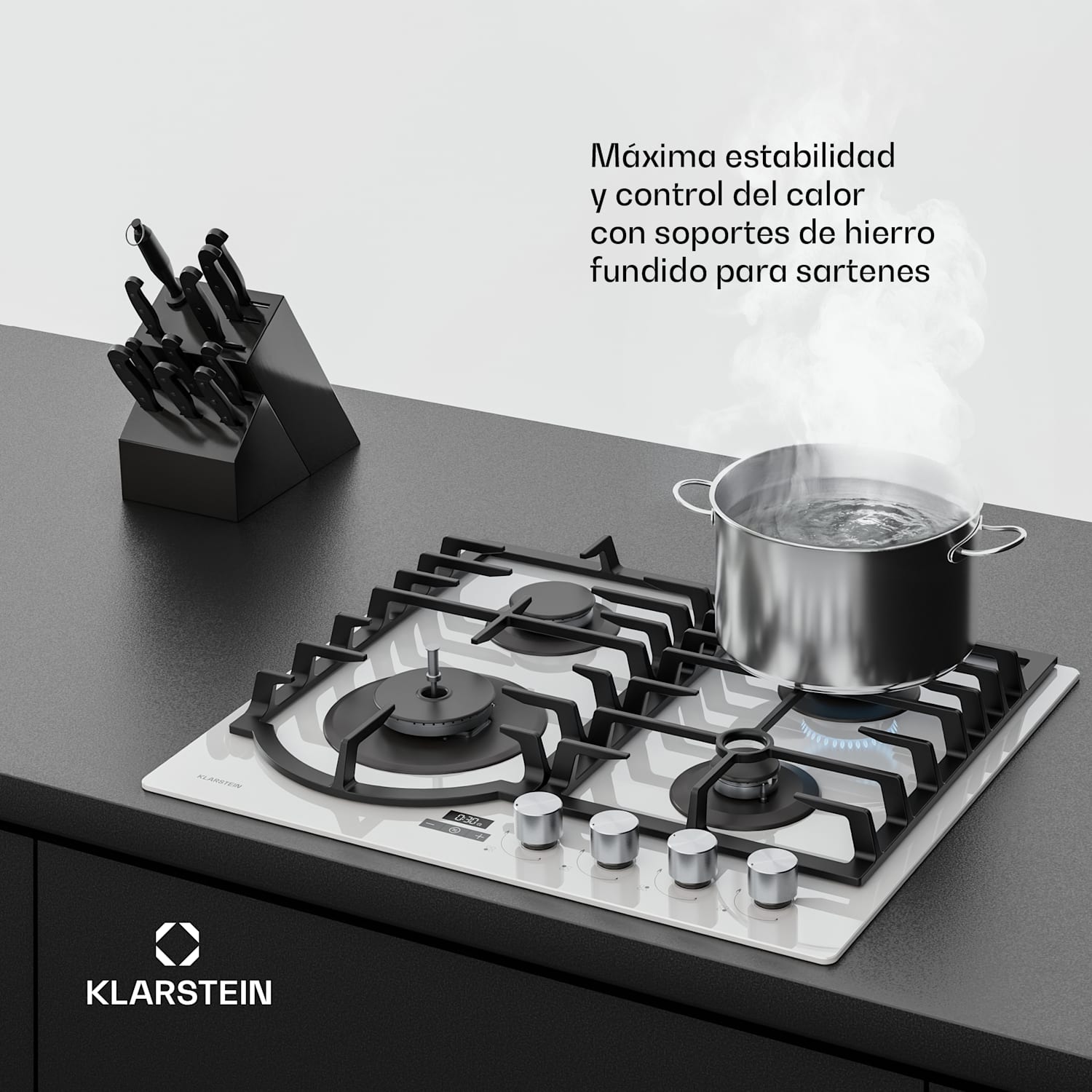 Ignito vitrocerámica de gas de 8 kW, soportes de hierro fundido, temporizador y control de temperatura 60 cm | Blanco