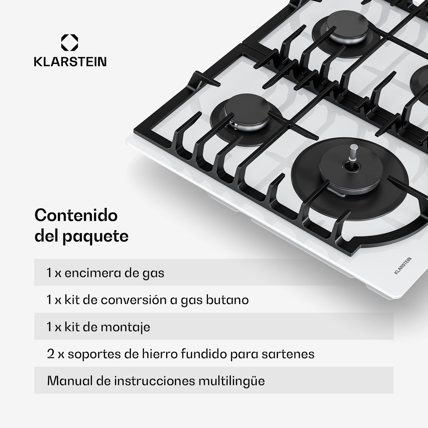 Ignito vitrocerámica de gas de 8 kW, soportes de hierro fundido, temporizador y control de temperatura 60 cm | Blanco