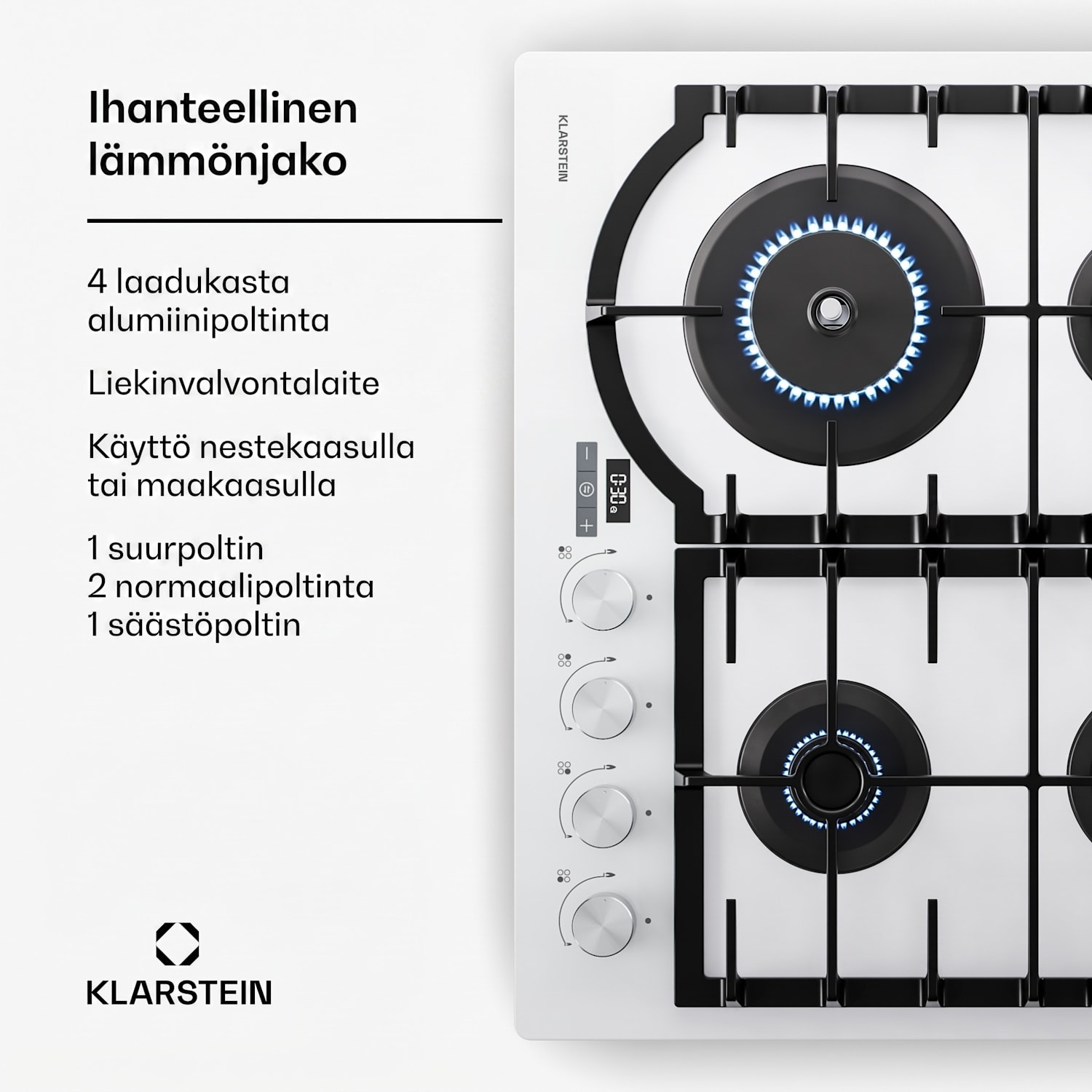 Ignito kaasuliesi | 8 kW | valurautatuet | ajastin | lämpötilansäätö 60 cm | Valkoinen