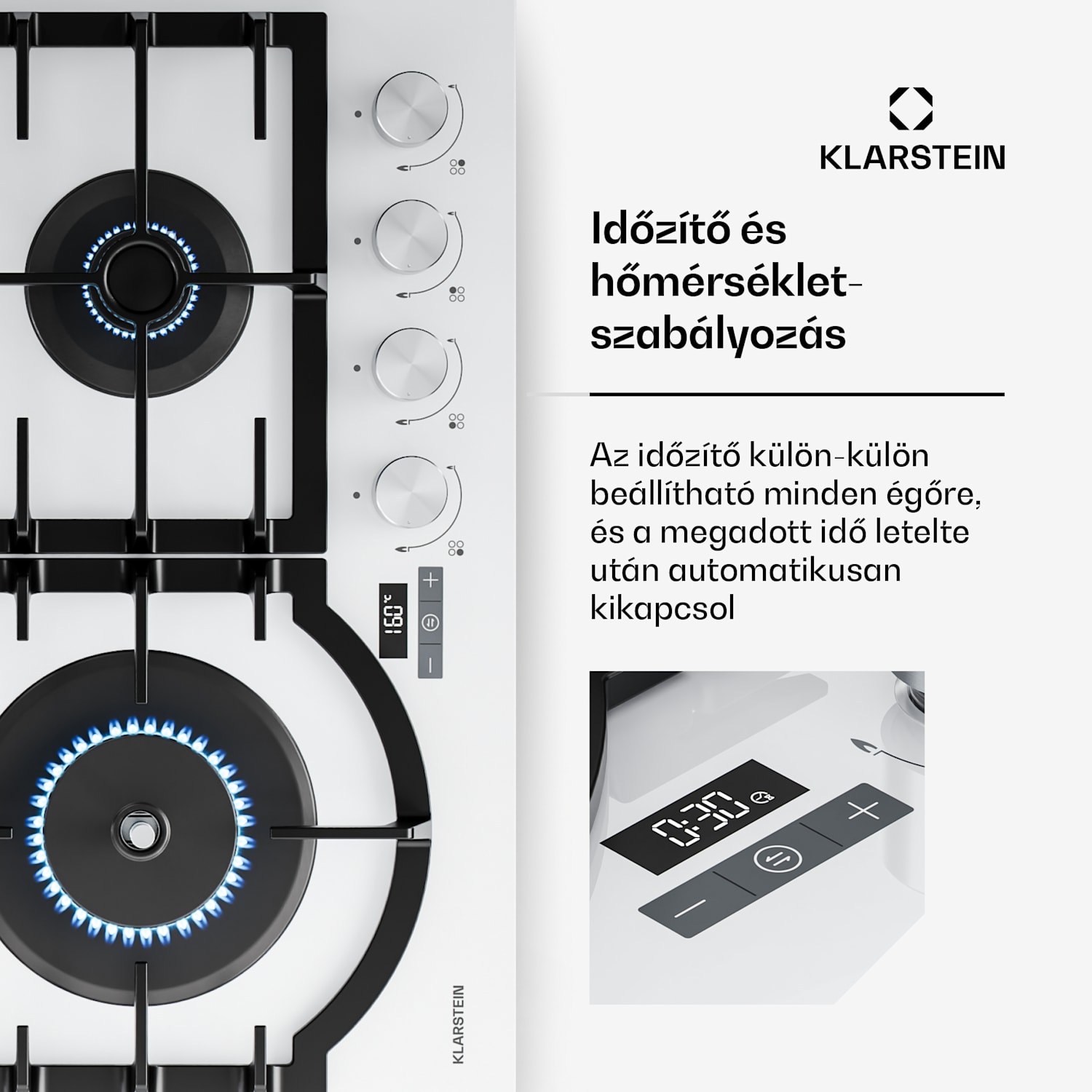 Ignito gas cooktop 8 kW, cast iron supports, timer, temperature control 60 cm | Fehér