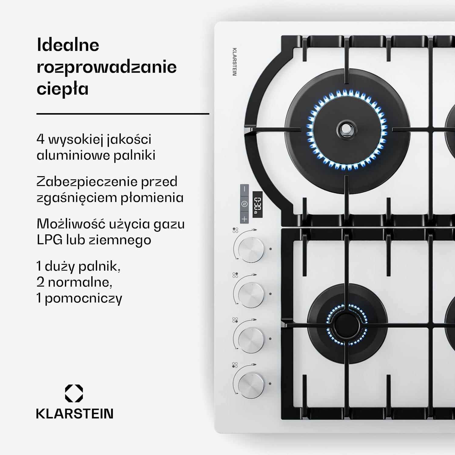 Ignito gazowa płyta grzewcza 8 kW, żeliwne wsporniki, timer, regulacja temperatury 60 cm | Biały