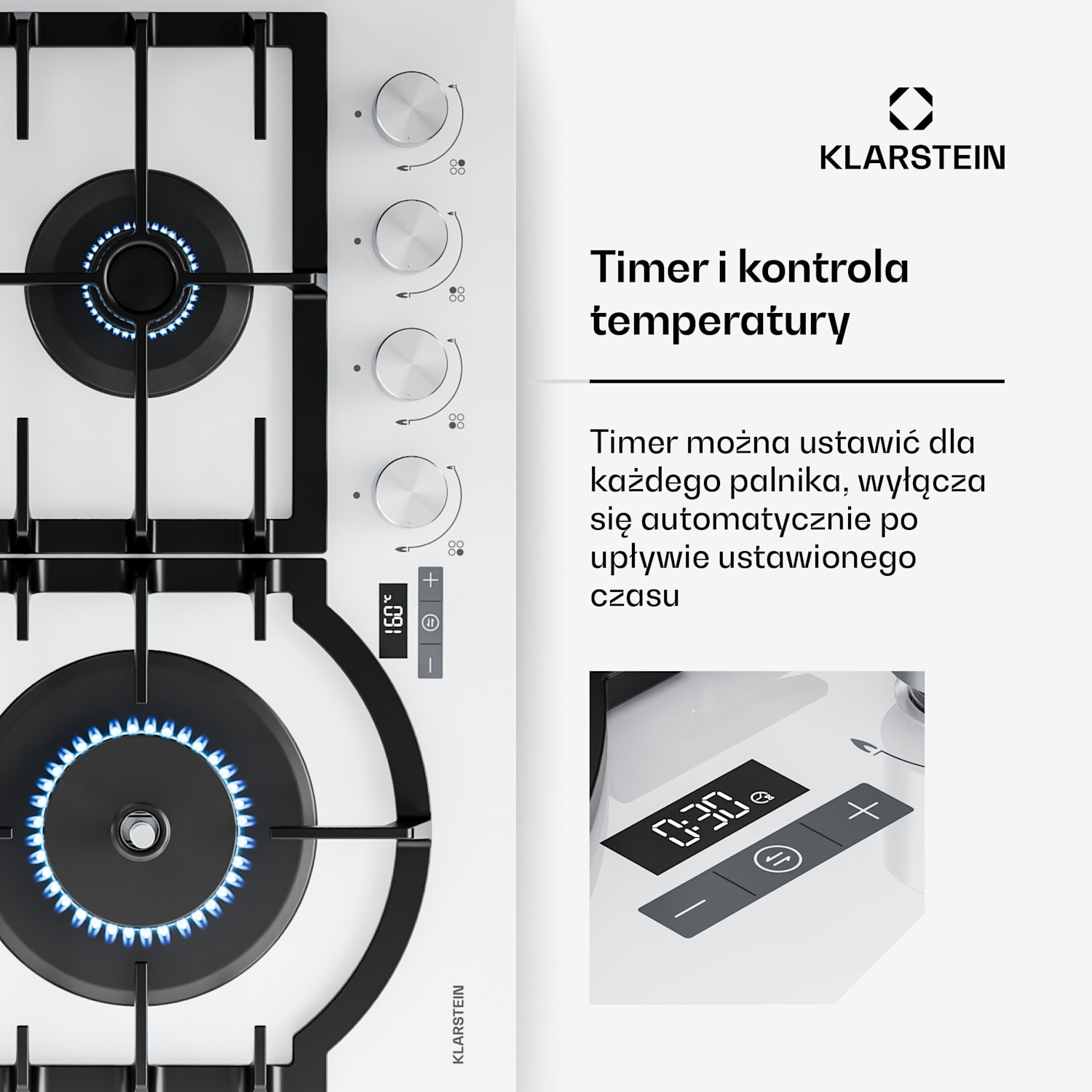 Ignito gazowa płyta grzewcza 8 kW, żeliwne wsporniki, timer, regulacja temperatury 60 cm | Biały