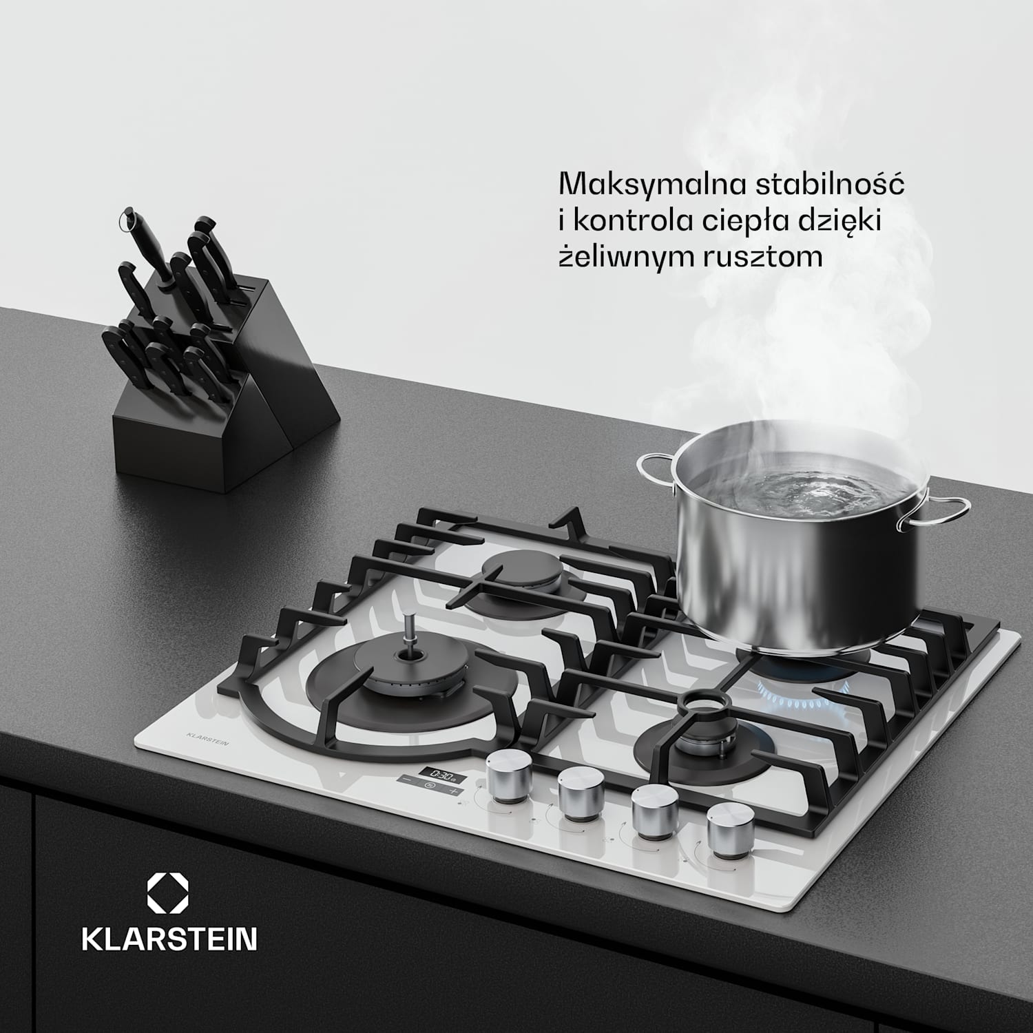 Ignito gazowa płyta grzewcza 8 kW, żeliwne wsporniki, timer, regulacja temperatury 60 cm | Biały