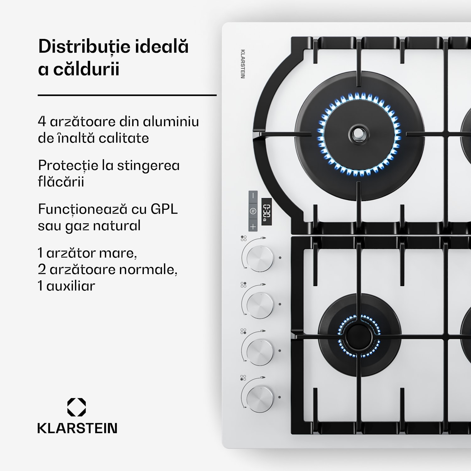 Ignito gaz plită, 8 kW, suporturi din fontă, temporizator, control temperatură 60 cm | Alb