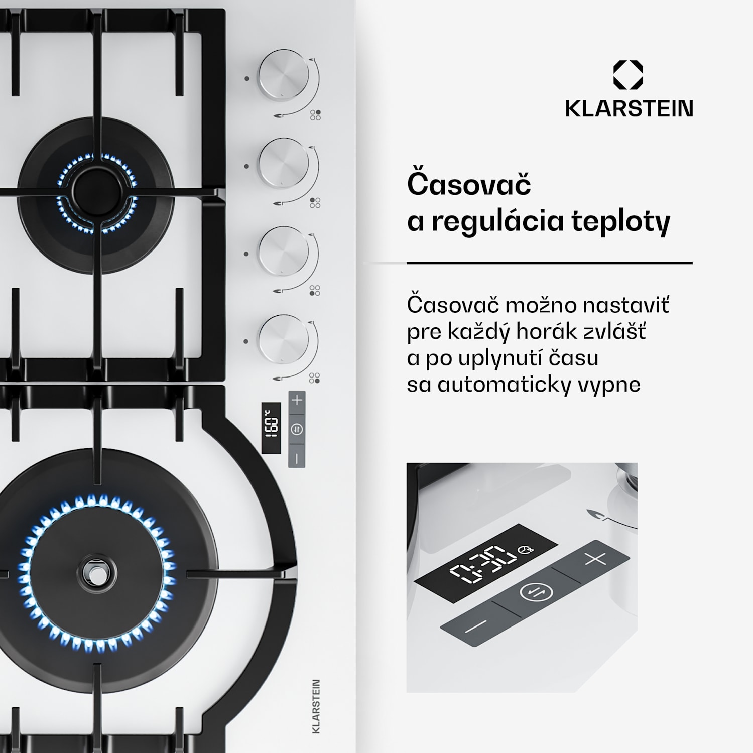 Ignito plynová varná doska, 8 kW, liatinové rošty, časovač, regulácia teploty 60 cm | Biela