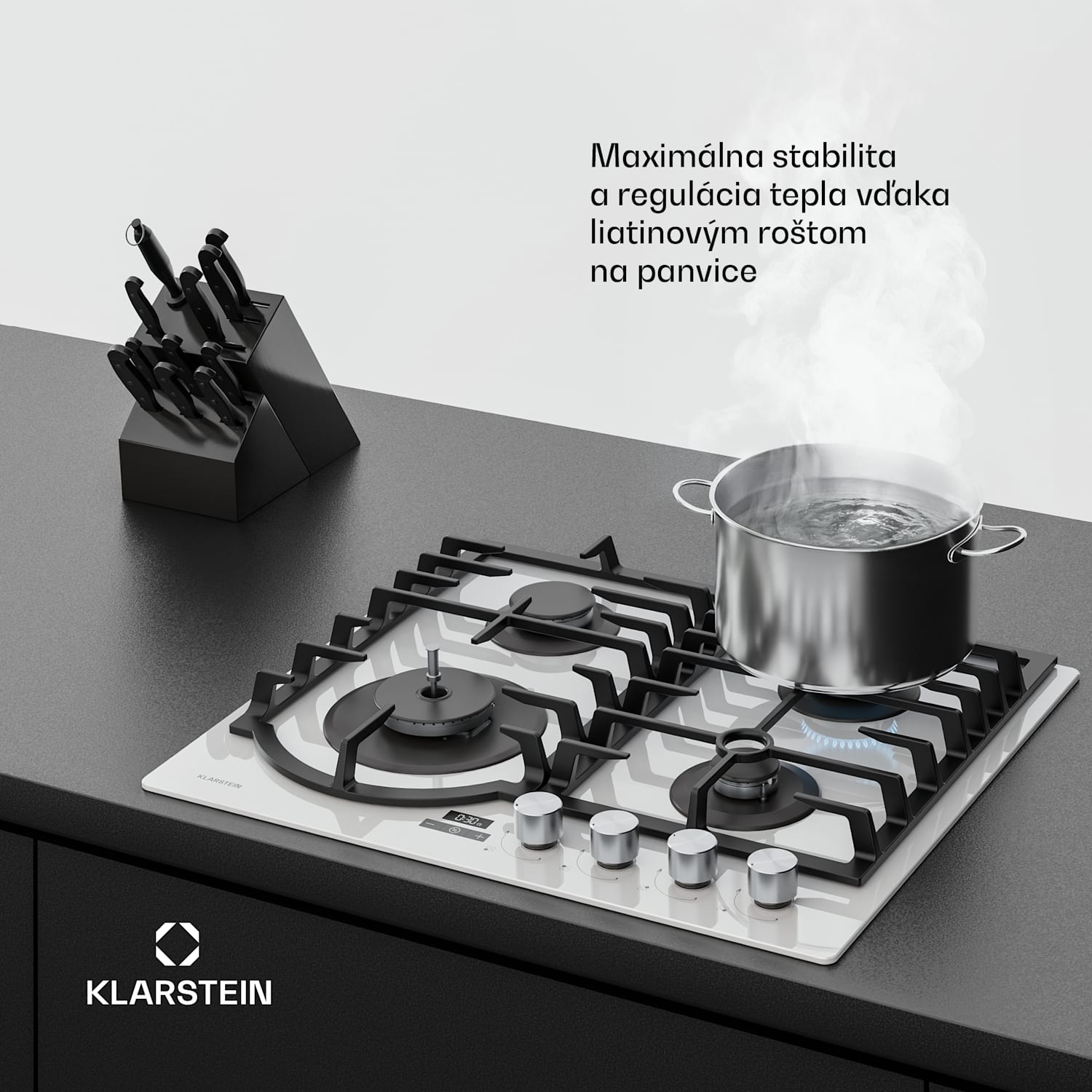 Ignito plynová varná doska, 8 kW, liatinové rošty, časovač, regulácia teploty 60 cm | Biela