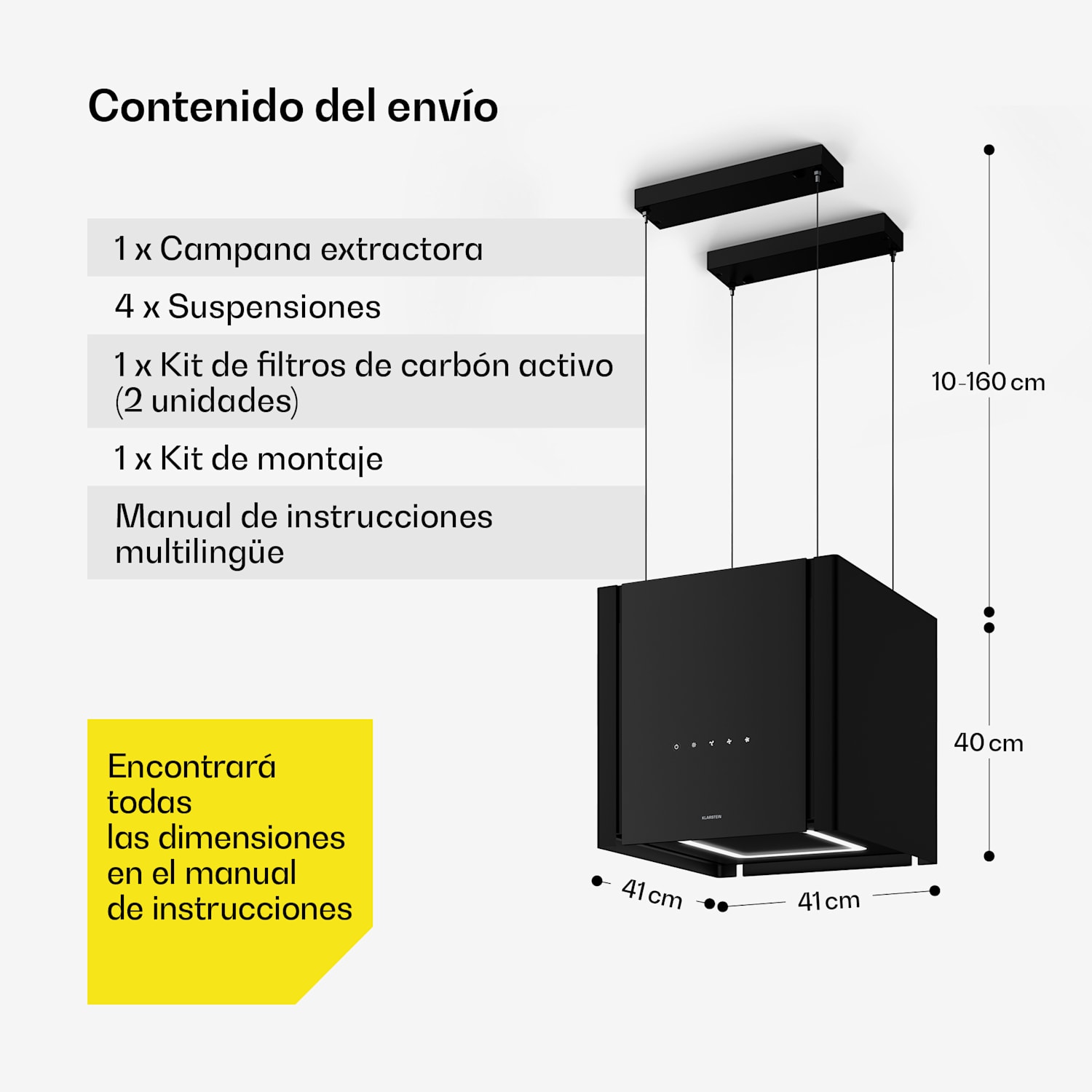 Velaire extractor hood con función de elevación 40 cm | Elegante, minimalista, potente | EEC A++ | 601 m³/h 40 cm | Negro
