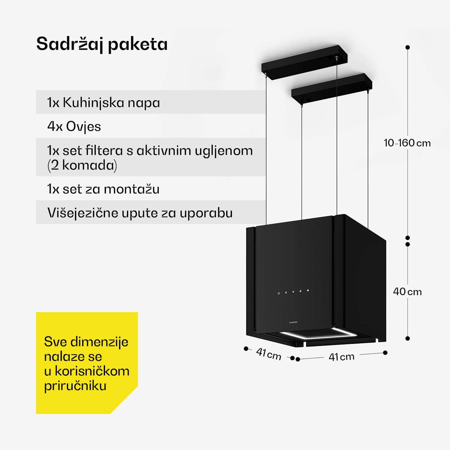 Velaire kuhinjska napa s funkcijom podizanja 40 cm, Elegantna, minimalistička, snažna, Energetski razred A++, 601 m³/h 40 cm | Crna