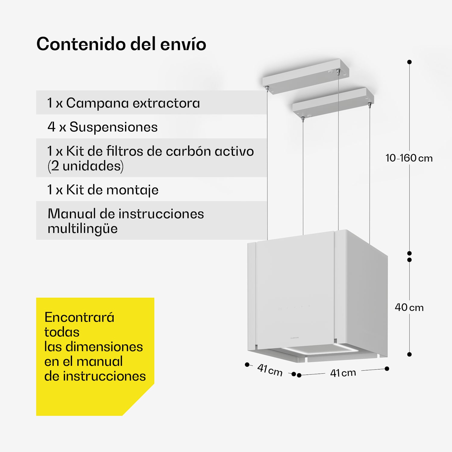 Velaire extractor hood con función de elevación 40 cm | Elegante, minimalista, potente | EEC A++ | 601 m³/h 40 cm | Blanco