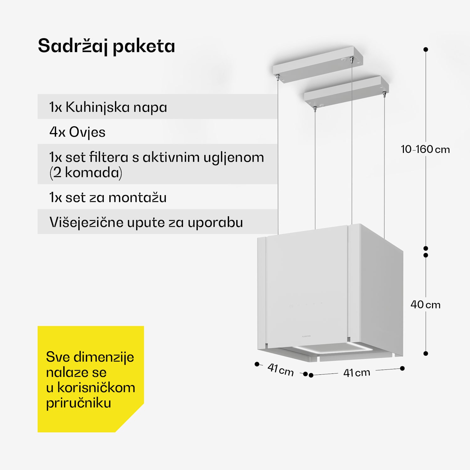 Velaire kuhinjska napa s funkcijom podizanja 40 cm, Elegantna, minimalistička, snažna, Energetski razred A++, 601 m³/h 40 cm | Bijela