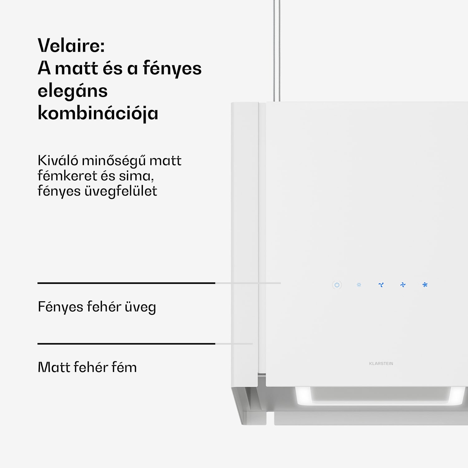 Velaire páraelszívó 40 cm-es emelő funkcióval, Elegáns, minimalista, nagy teljesítményű, EEC A++, 601 m³/ó 40 cm | Fehér